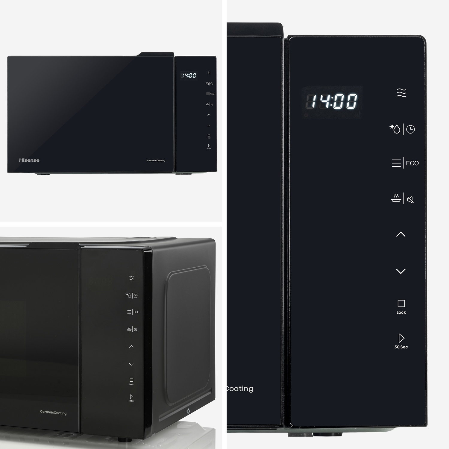 Forno a microonde Hisense nero con display digitale e pannello di controllo.