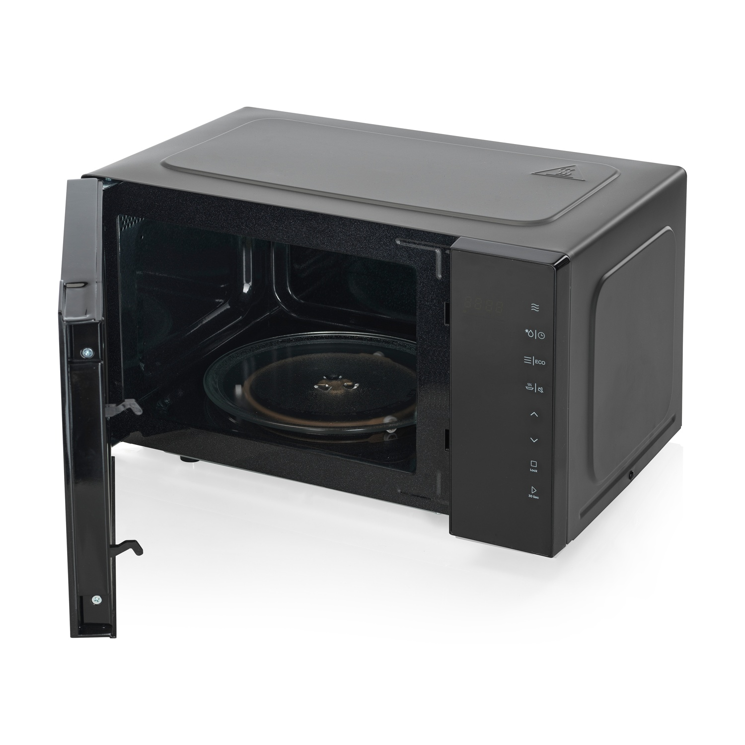 Forno a microonde nero con porta aperta, con piatto girevole in vetro.