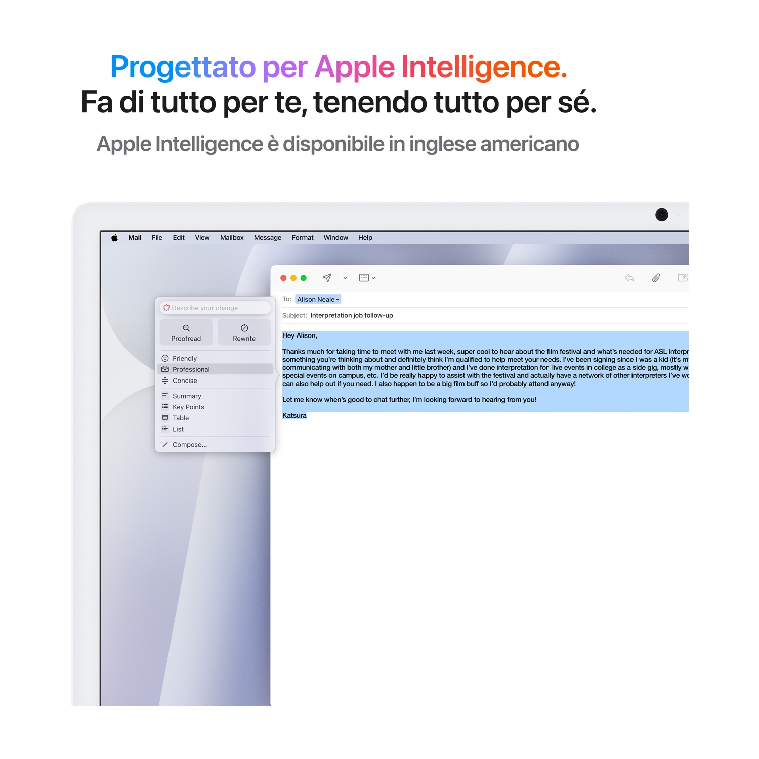 Uno schermo Mac mostra un'app di posta elettronica con un messaggio e un menu a discesa.
