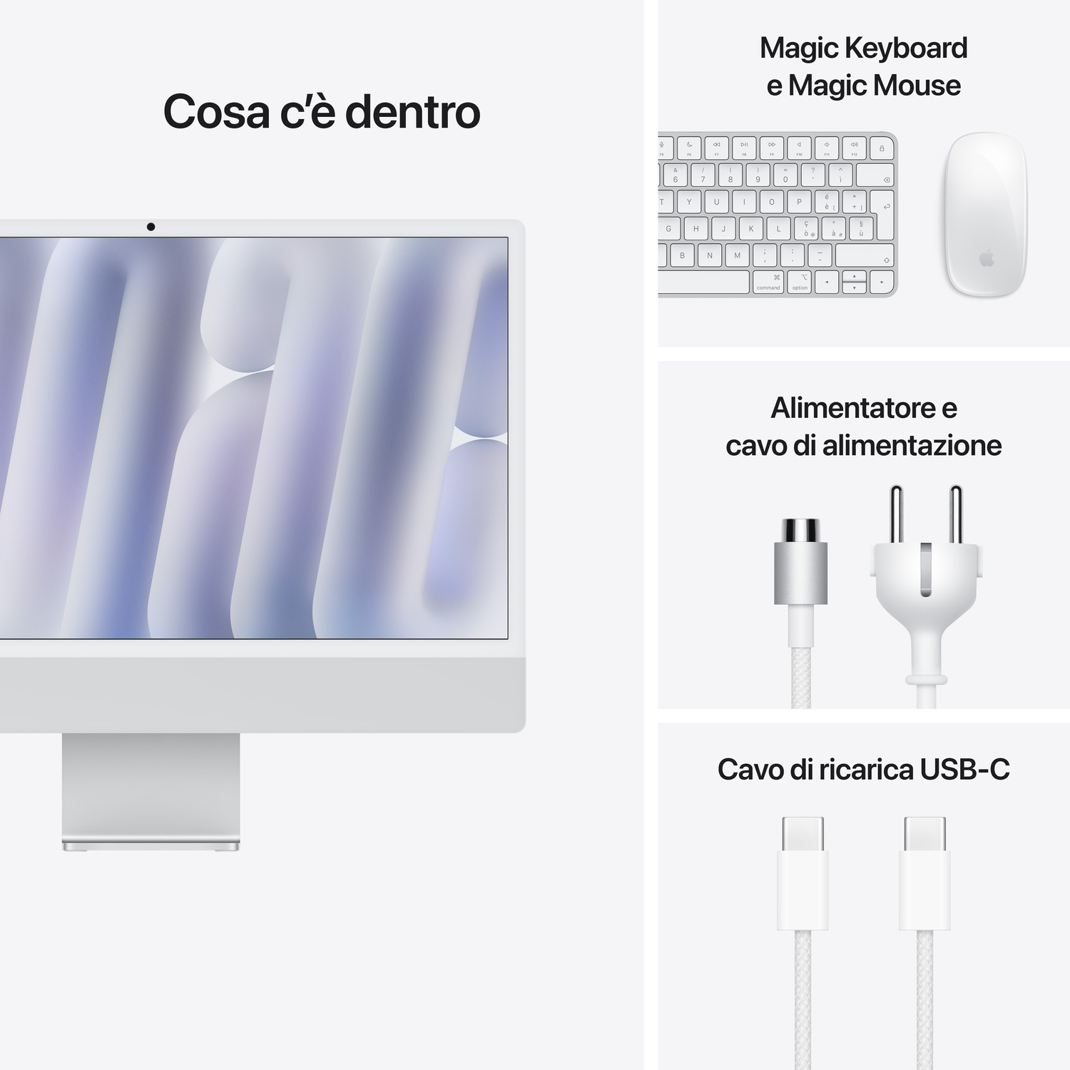 Un iMac con tastiera, mouse, alimentatore e cavo USB-C.