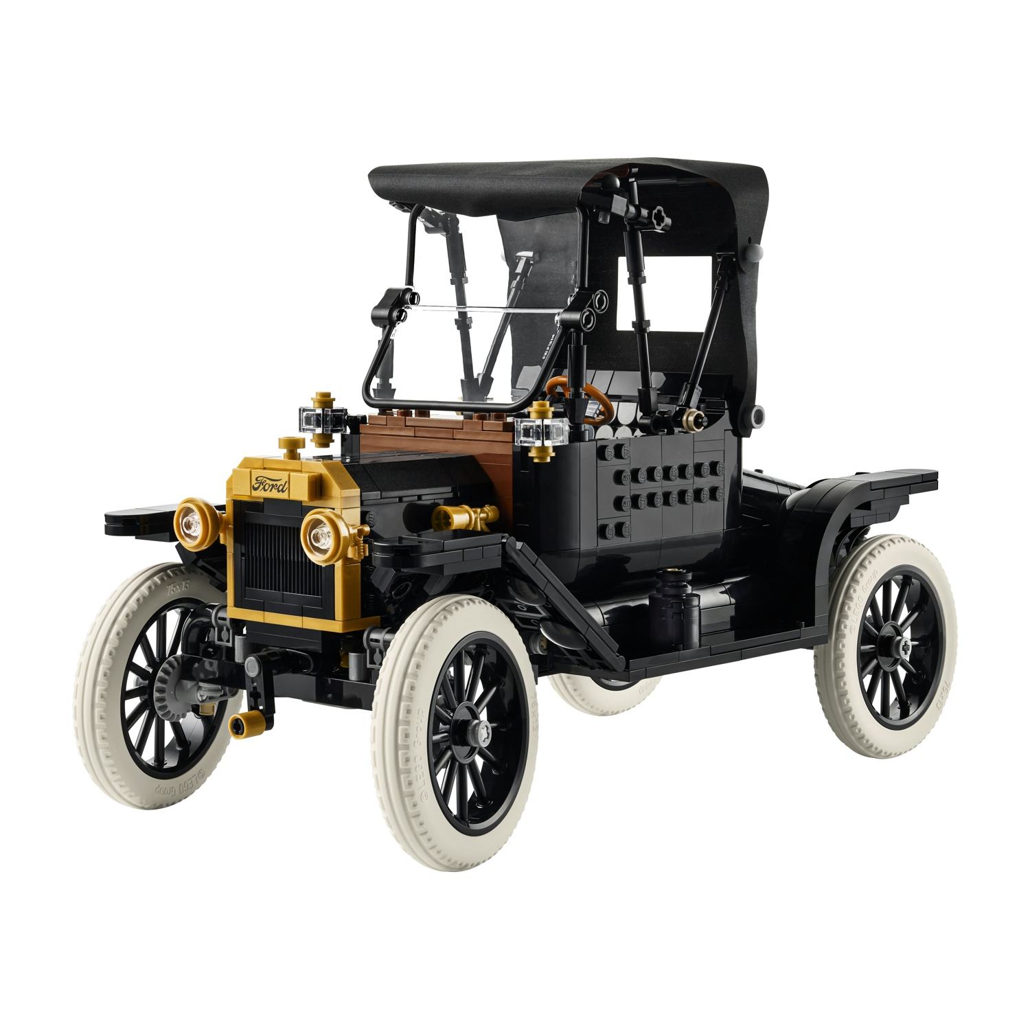 Modello Lego nero di un'auto Ford Model T con pneumatici bianchi e tetto in tessuto.