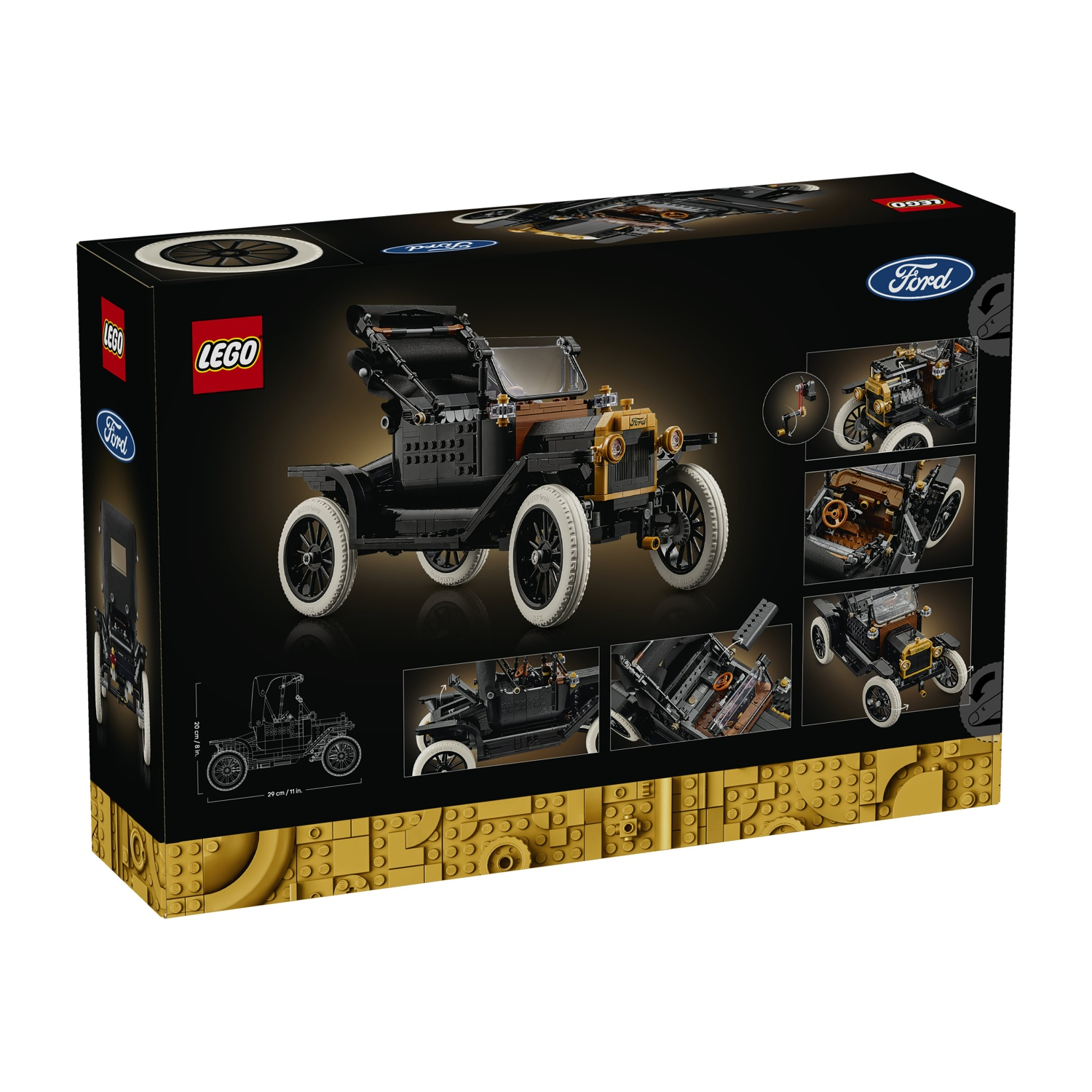 Scatola Lego Ford Model T con dettagli e dimensioni.