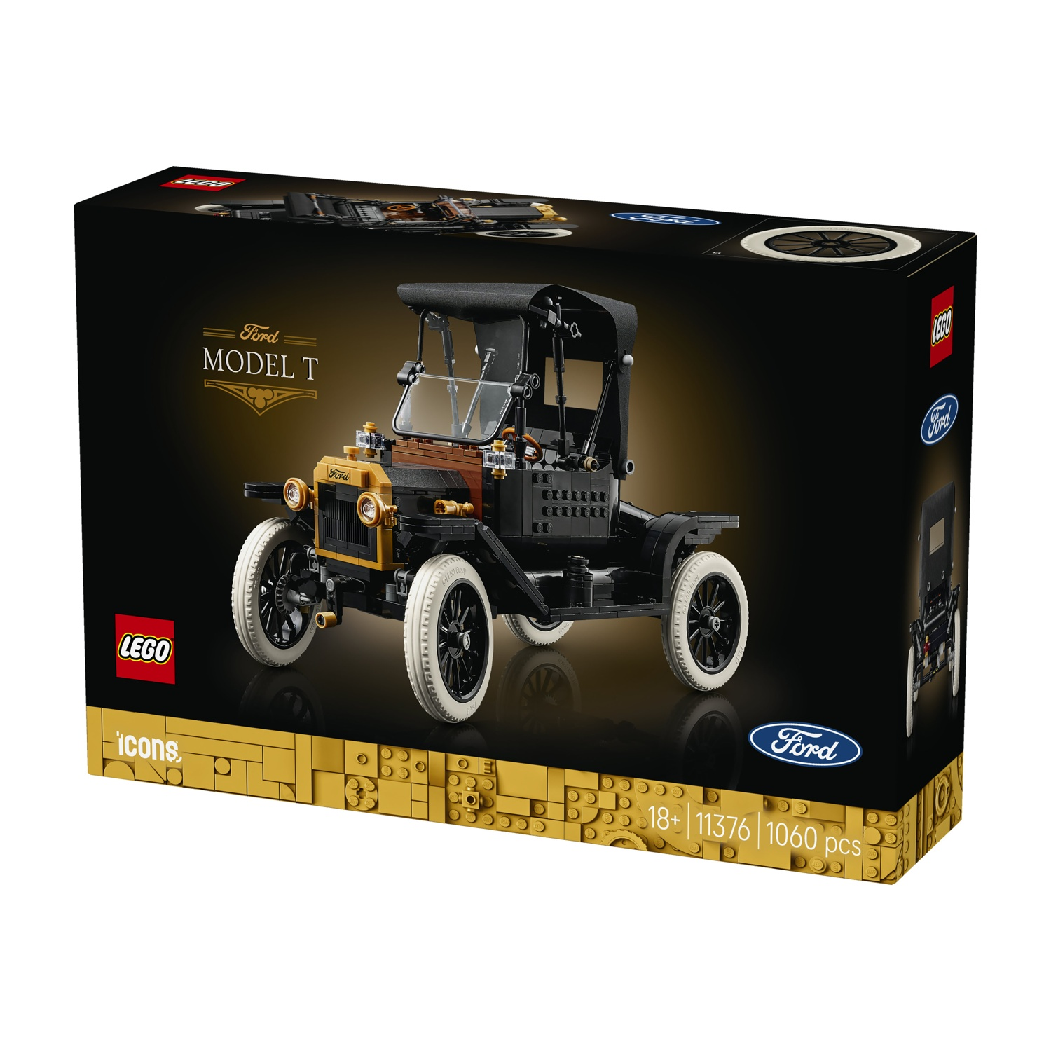 La scatola LEGO Icons Ford Model T mostra un modello di auto d'epoca nero e oro.