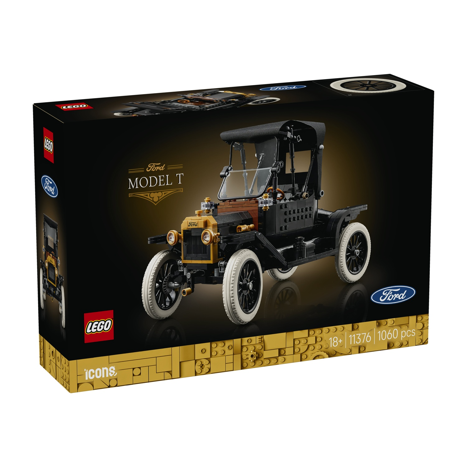 Scatola Lego che mostra una Ford Model T nera con ruote bianche e interni beige.