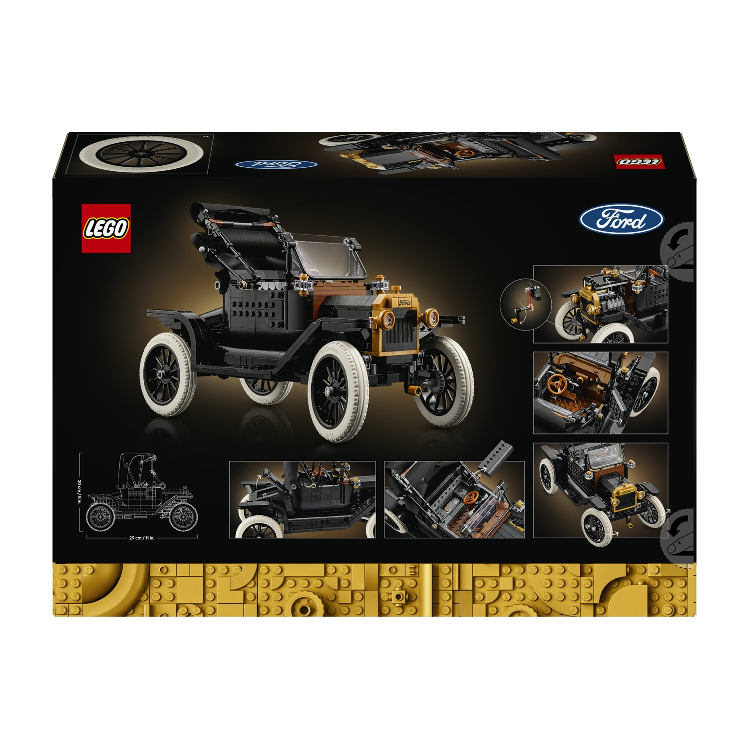 Auto d'epoca LEGO Ford: nera con dettagli marroni, pneumatici bianchi, capote.