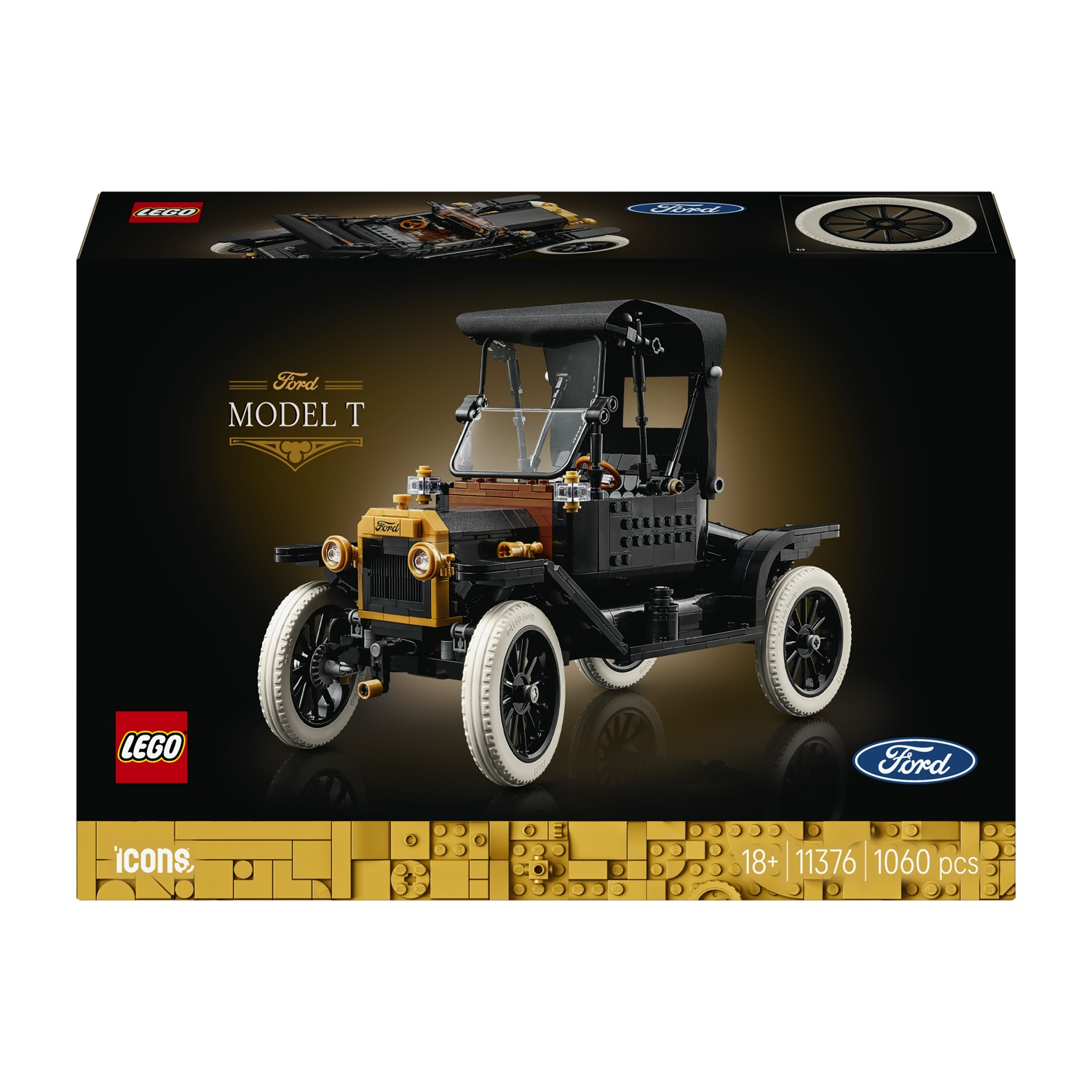 Scatola Lego Ford Model T con auto dettagliata. Accenti dorati, tetto in tessuto nero.