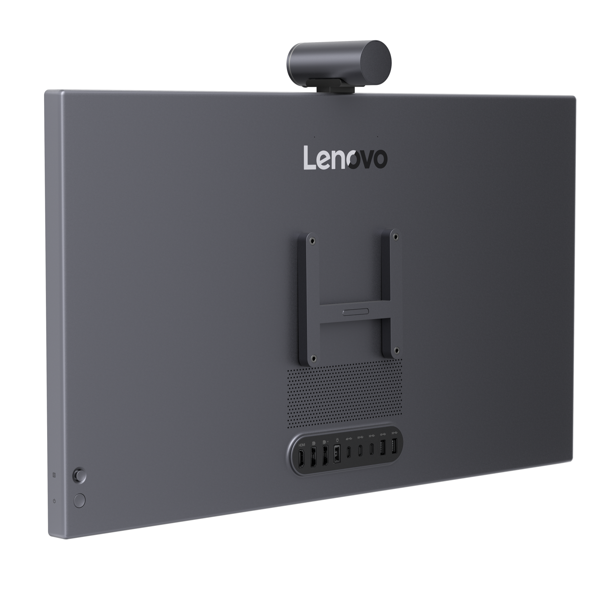 Rückseite eines grauen Lenovo All-in-One-Computers mit Kamera und Anschlüssen.