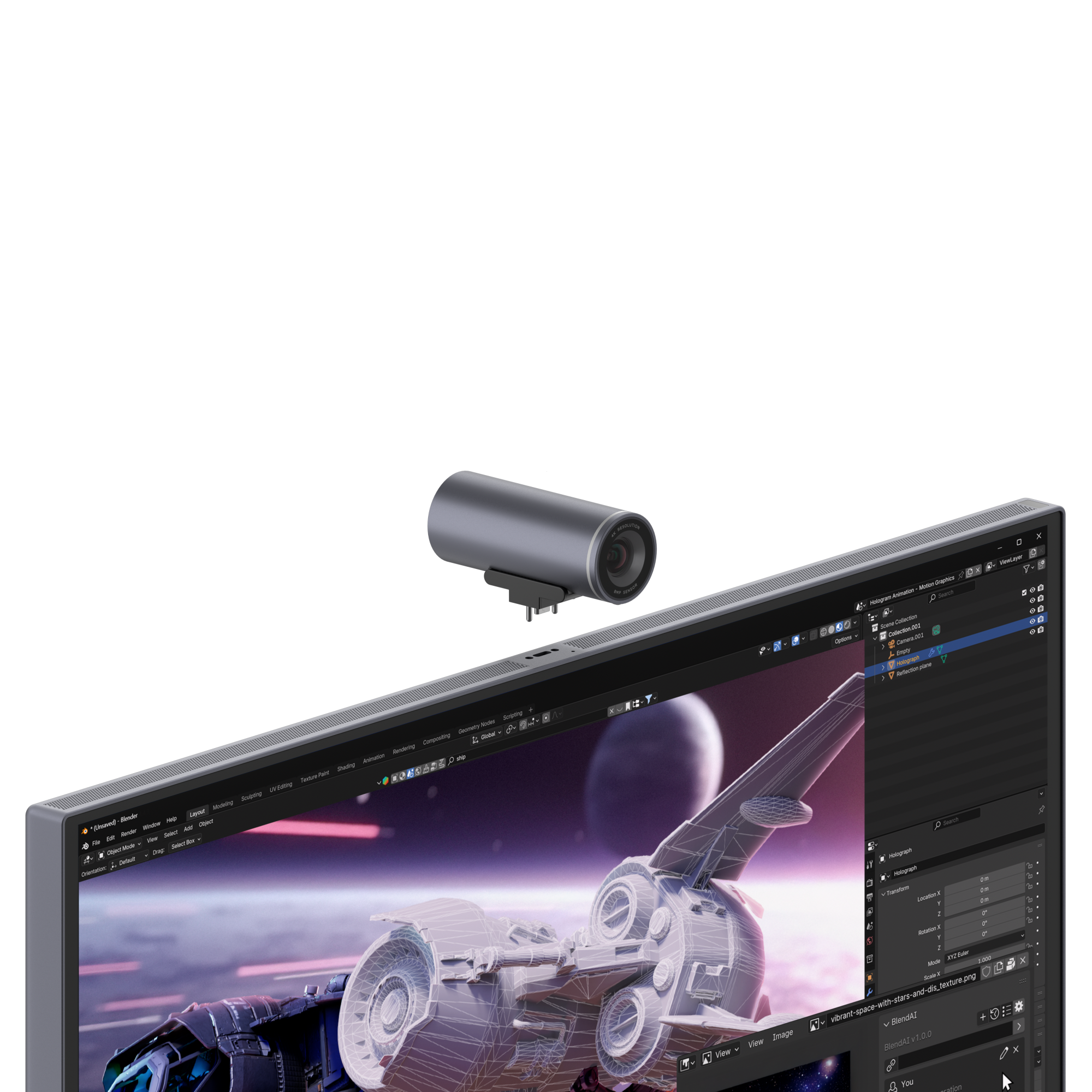 Graue Kamera über einem Monitor, der 3D-Raumschiff-Modell mit Sternen zeigt.