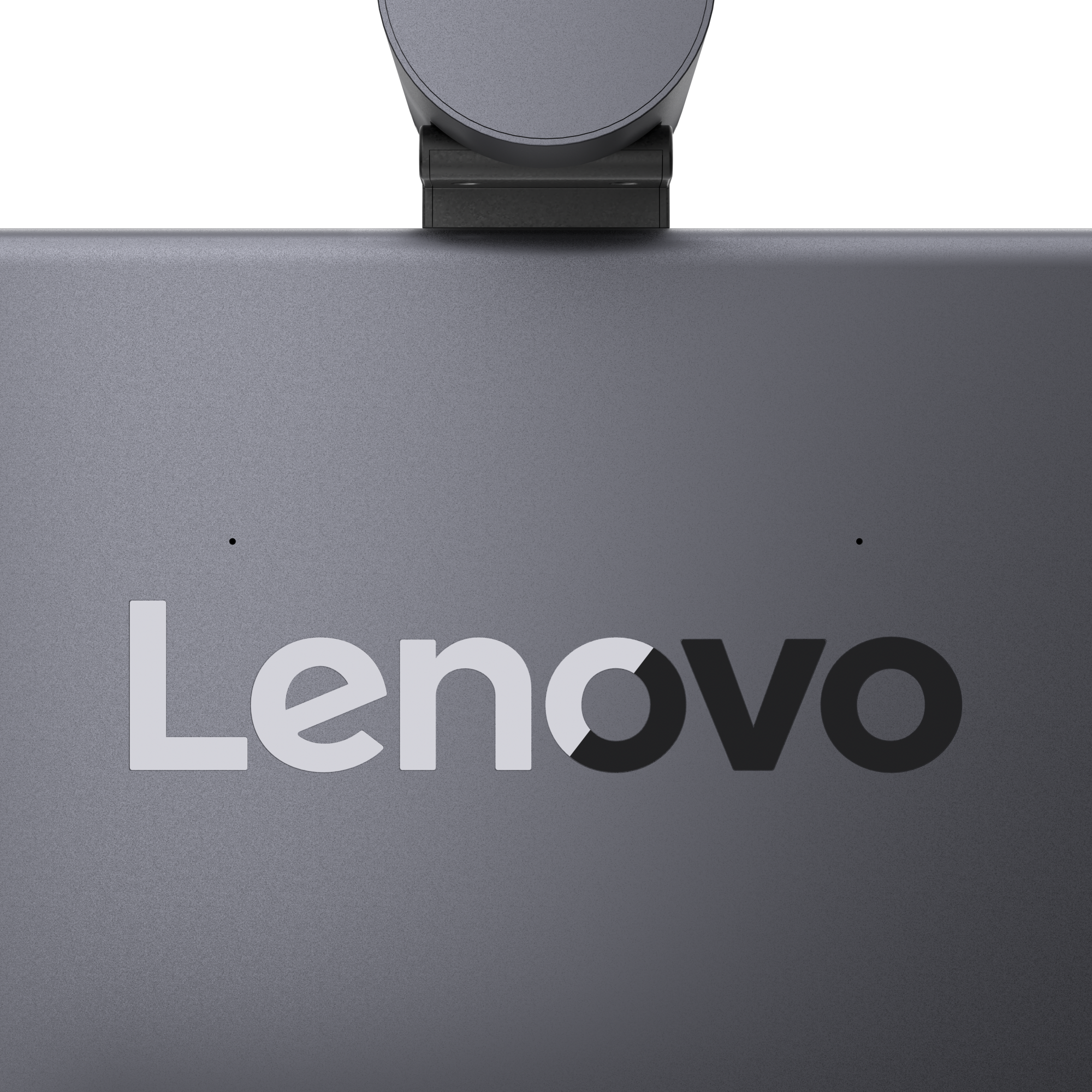 Grauer Laptop mit Lenovo-Logo. Nahaufnahme. Ein Teil der Webcam ist sichtbar.