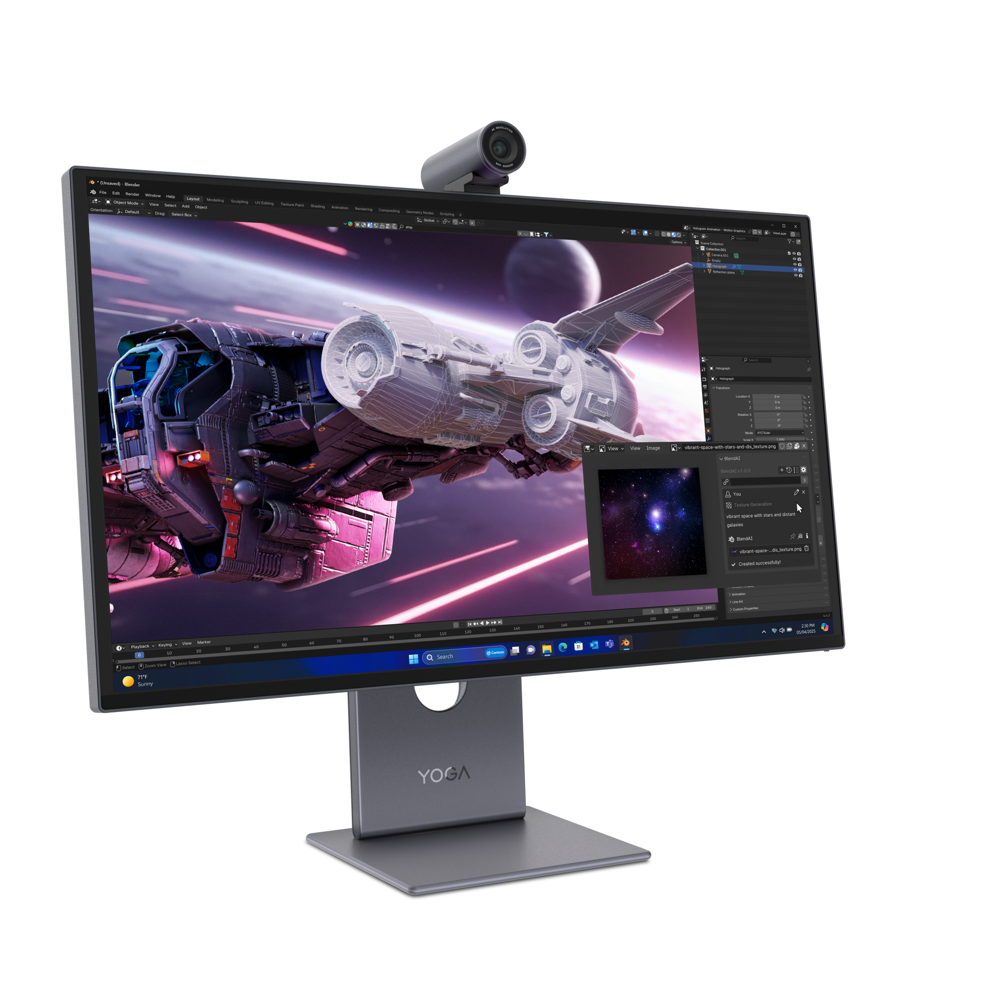 Ein Monitor zeigt 3D-Design-Software mit einem Raumschiffmodell und Weltraumhintergrund.