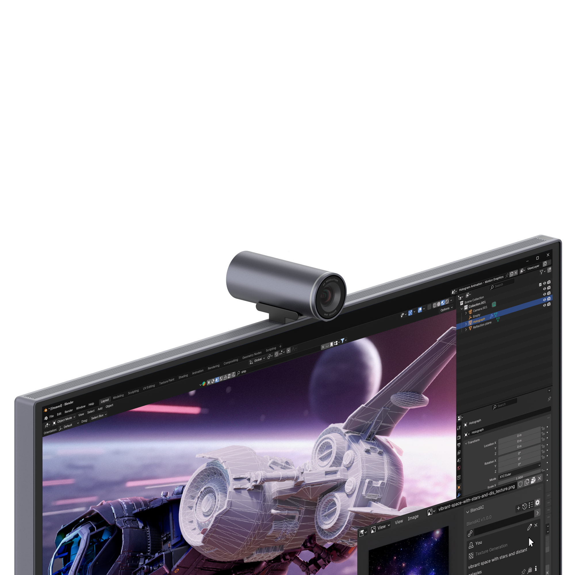 Graue Webcam auf einem Monitor mit 3D-Schiffmodell und Weltraumhintergrund.