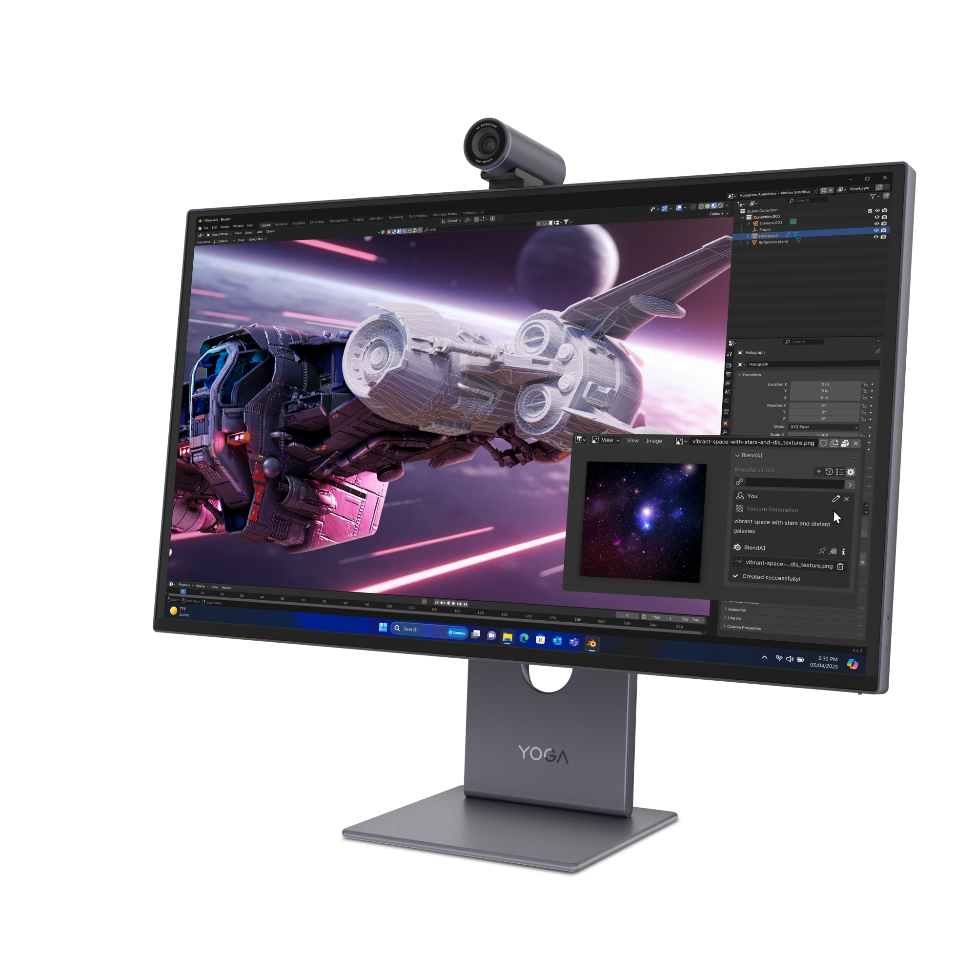 Ein Monitor zeigt 3D-Grafiksoftware mit einem Raumschiff-Modell und Weltraumhintergrund.