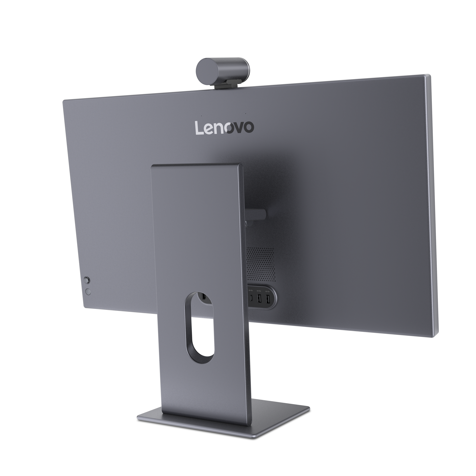 Rückansicht eines grauen Lenovo All-in-One-Computers mit angebrachter Webcam.