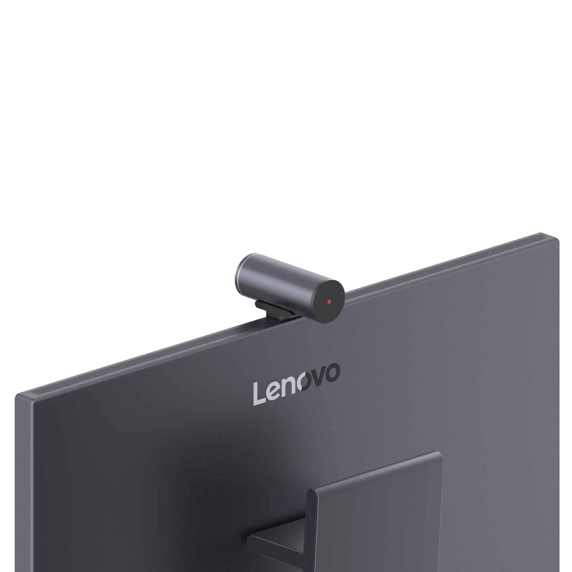 Eine graue Webcam mit rotem Licht sitzt auf einem Lenovo-Monitor.