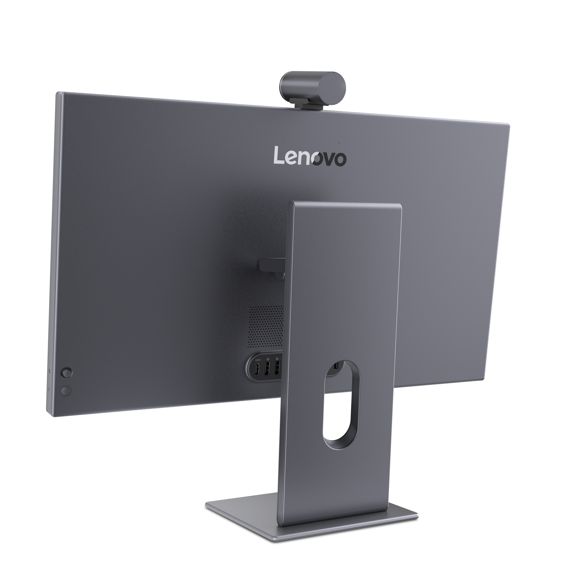Rückseite eines grauen Lenovo All-in-One-Computers mit Kamera und Anschlüssen.