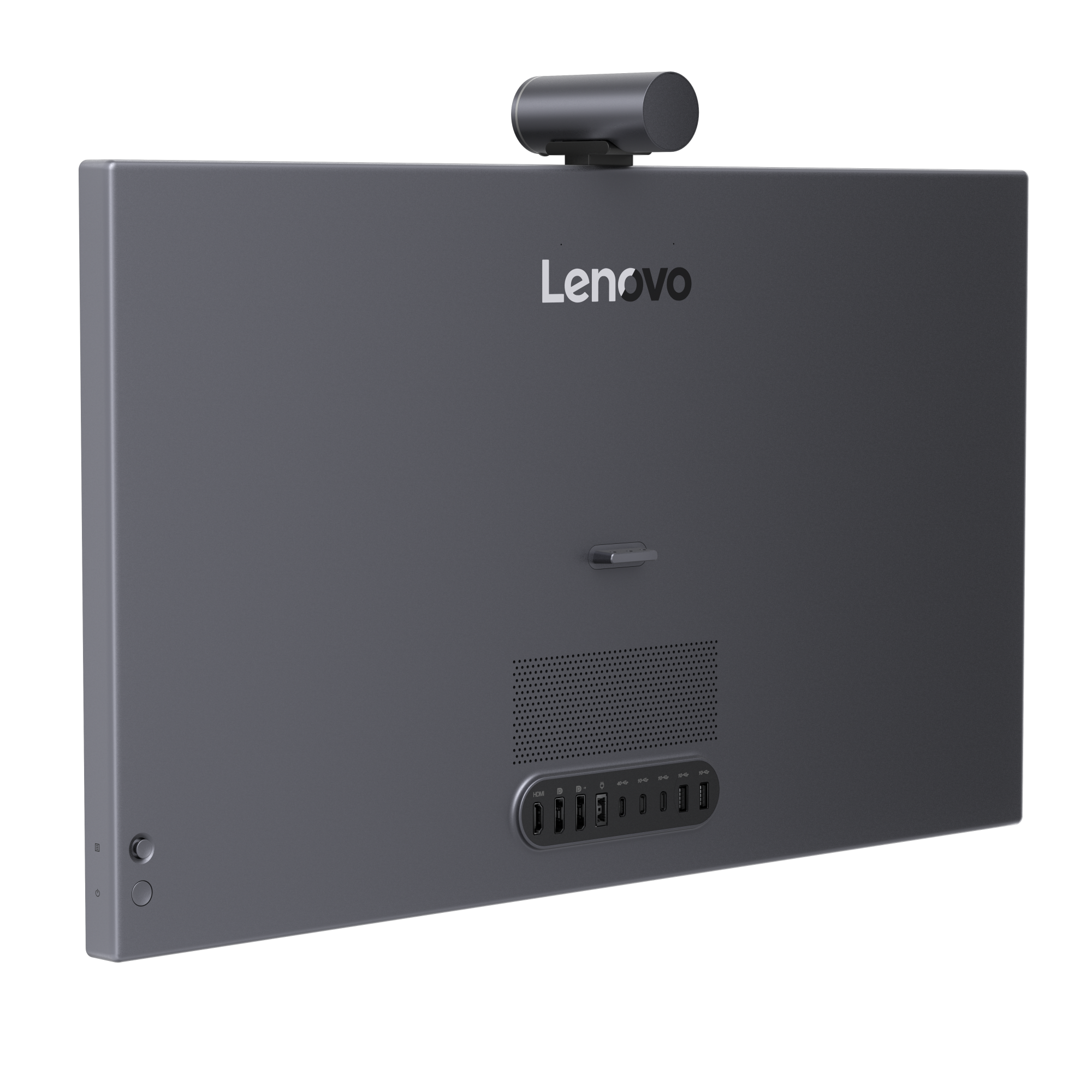 Rückseite eines grauen Lenovo All-in-One-Computers mit Kamera und Anschlüssen.