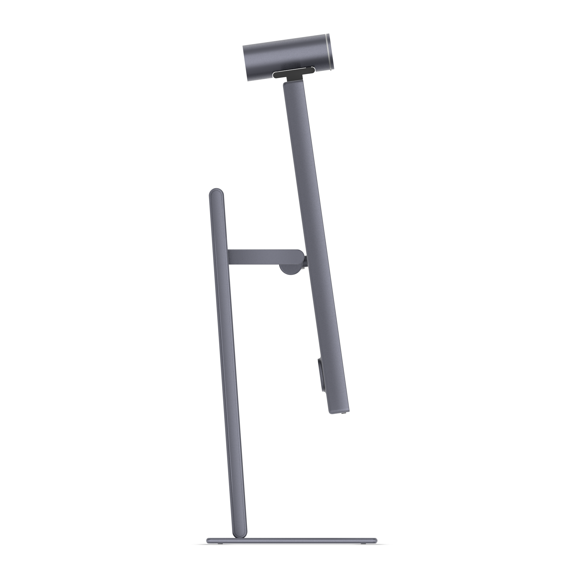 Graues Monitorstativ mit schwenkbarem Arm und Kameraansatz.