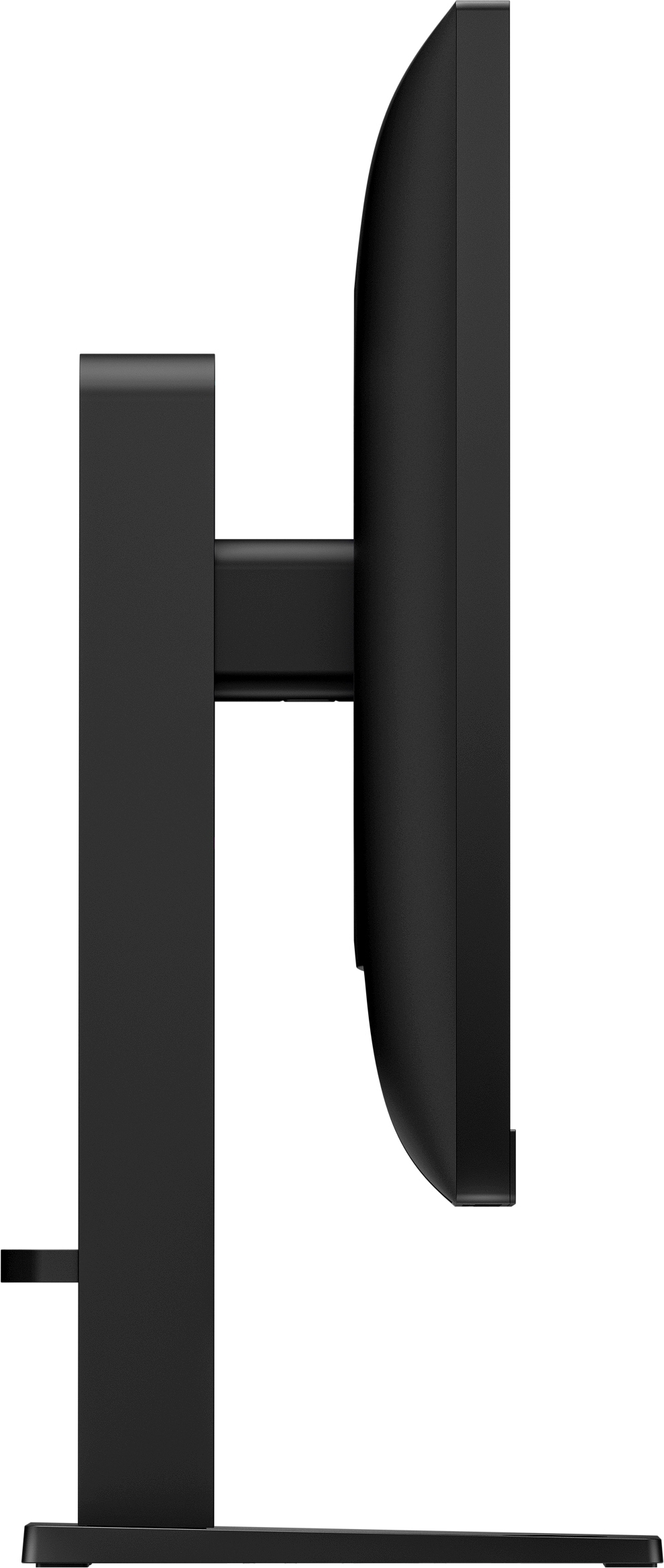 Schwarzer Computermonitor von der Seite auf weißem Hintergrund.