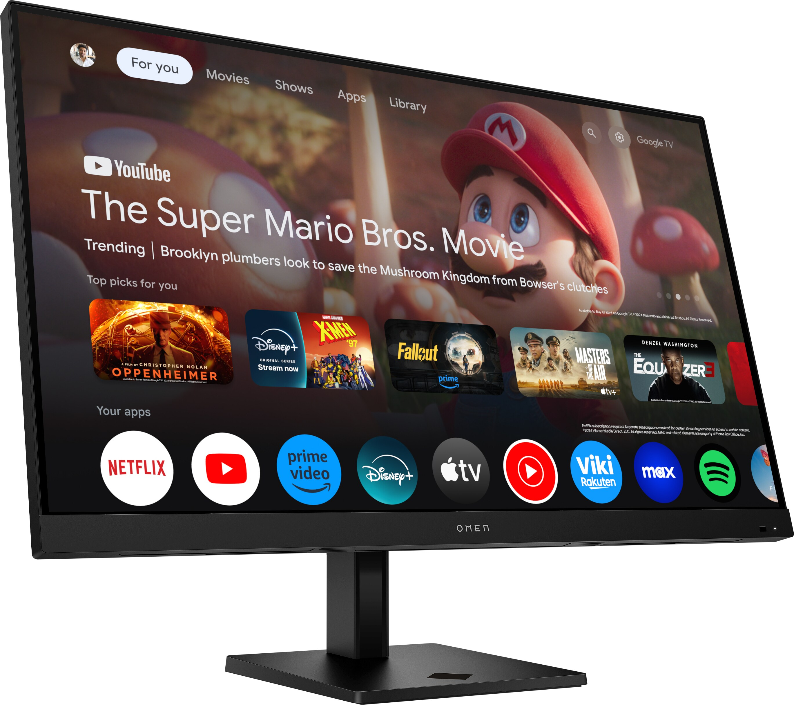 Ein OMEN Monitor zeigt Google TV mit dem Super Mario Bros. Film und verschiedenen Apps.