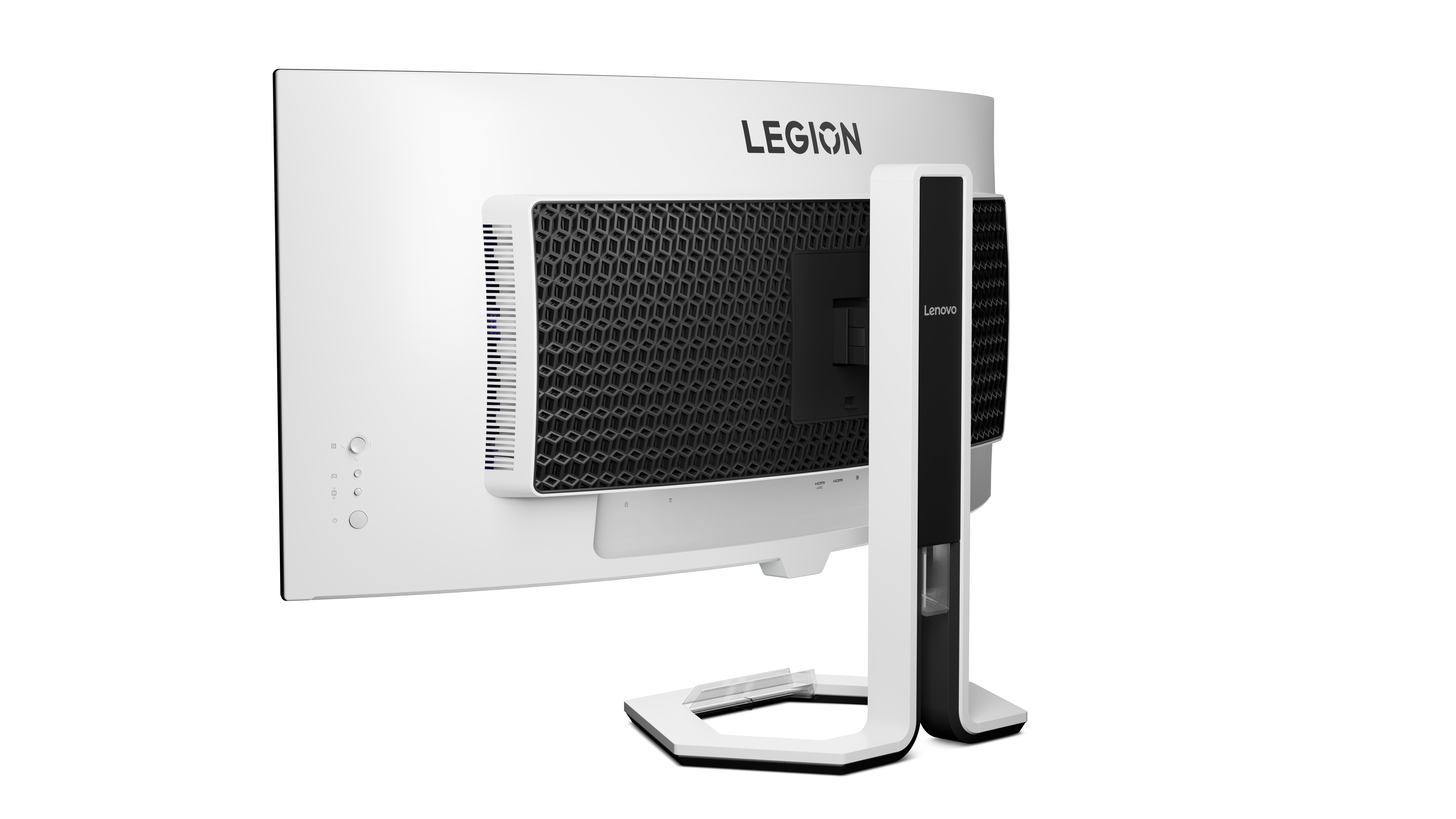 Tył białego monitora Lenovo Legion z czarną wentylacją plastra miodu i srebrnym stojakiem.
