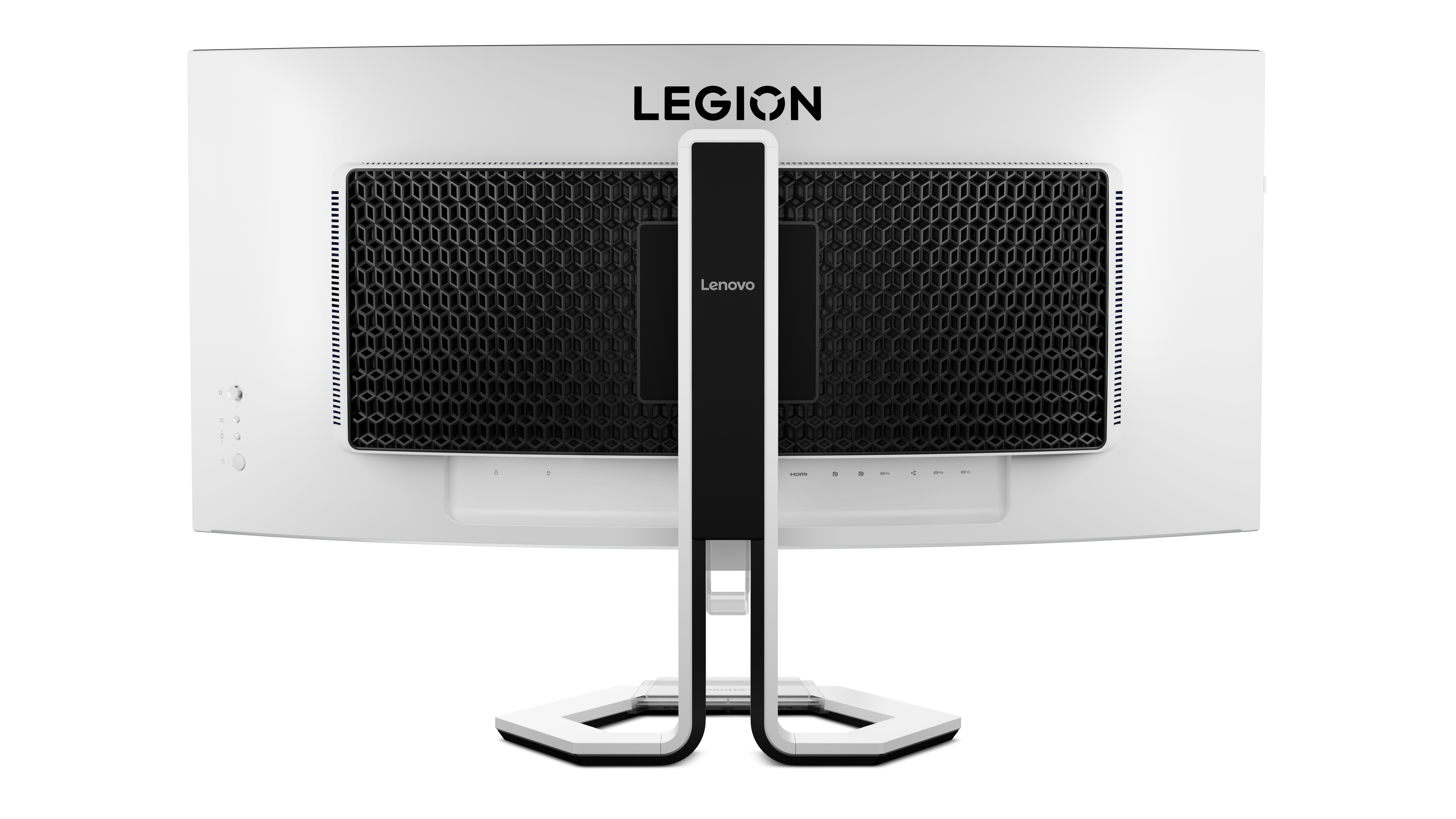 Tył białego monitora Lenovo Legion z czarnym wzorem kratownicy i portami.