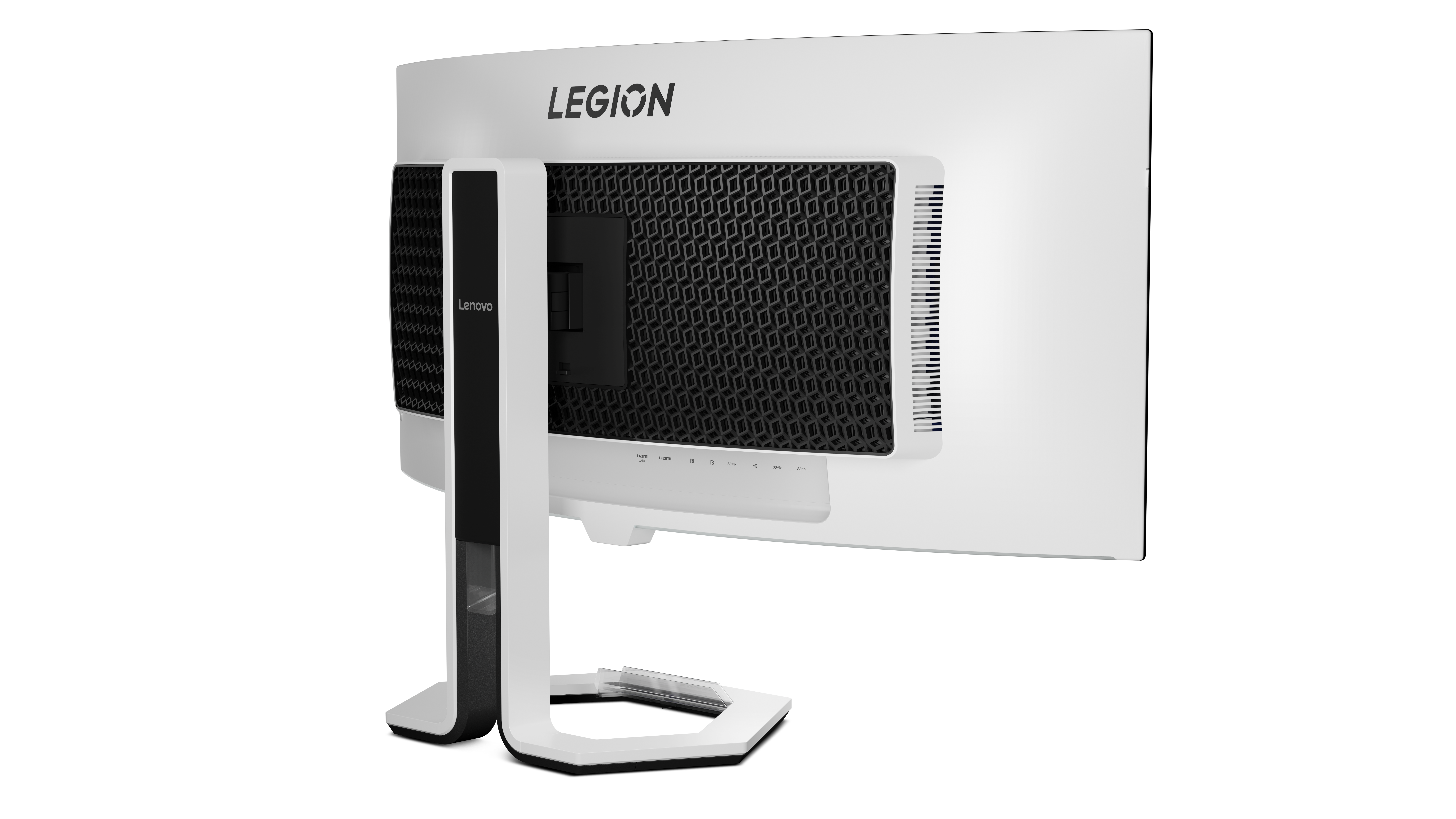 Tył białego zakrzywionego monitora Lenovo Legion z czarnymi akcentami i wentylacją.