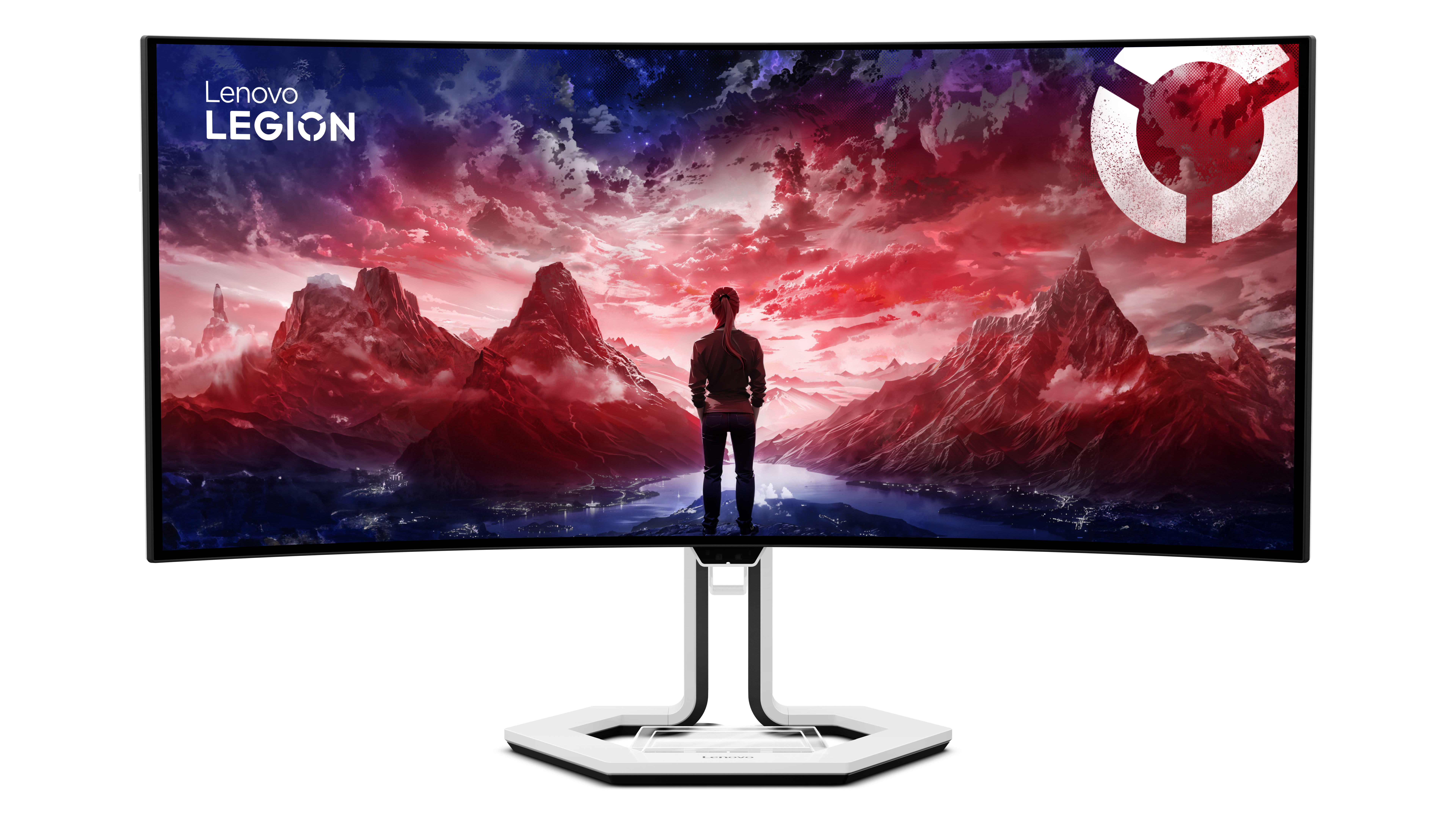 Zakrzywiony monitor Lenovo Legion pokazuje osobę patrzącą na czerwono-niebieski krajobraz obcych.