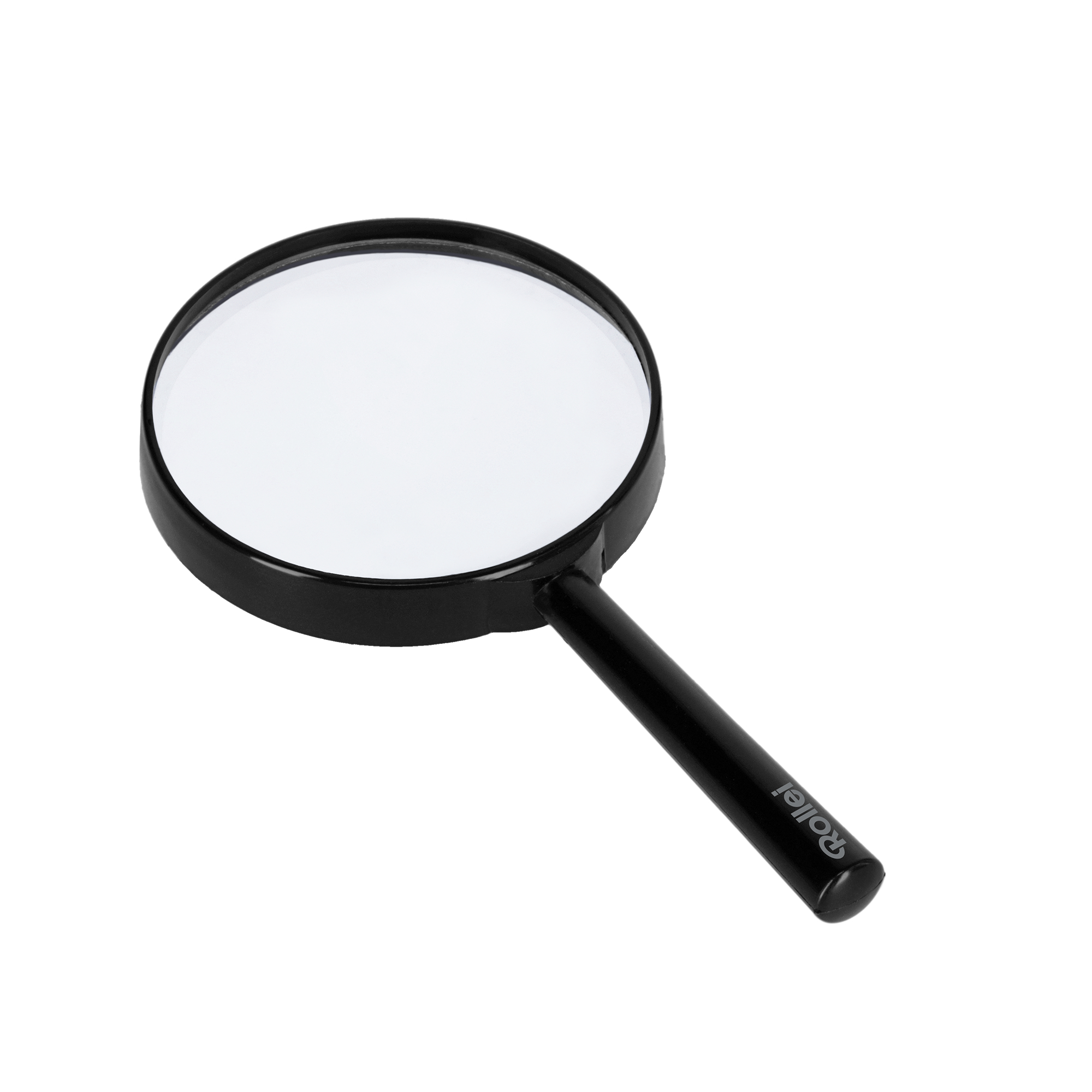 Schwarze Lupe mit rundem Glas und Griff, auf weißem Hintergrund.