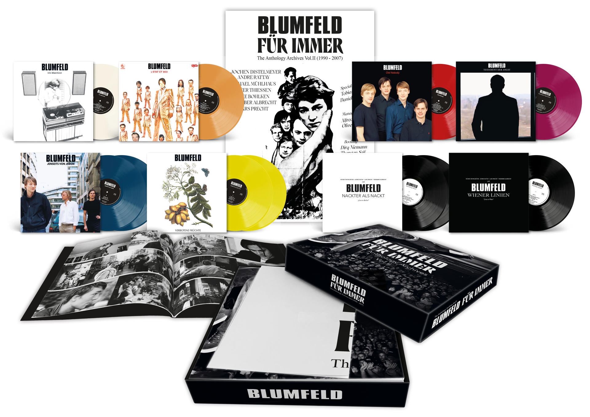Sammlung von Blumfeld Schallplatten-Covern und Vinyls in verschiedenen Farben.