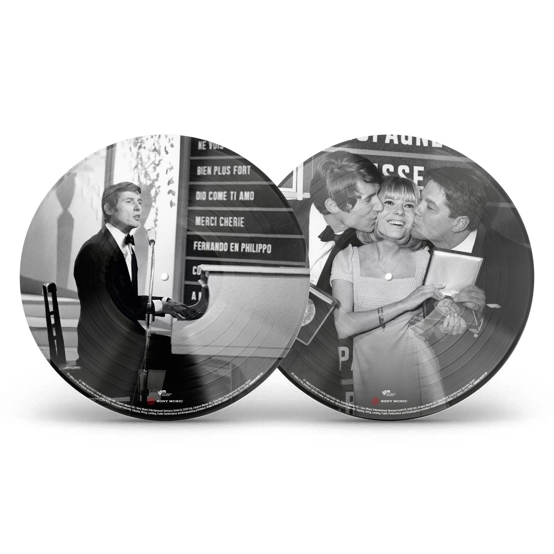 Ein Mann am Klavier und ein Paar, das sich küsst, auf runden Schallplatten.