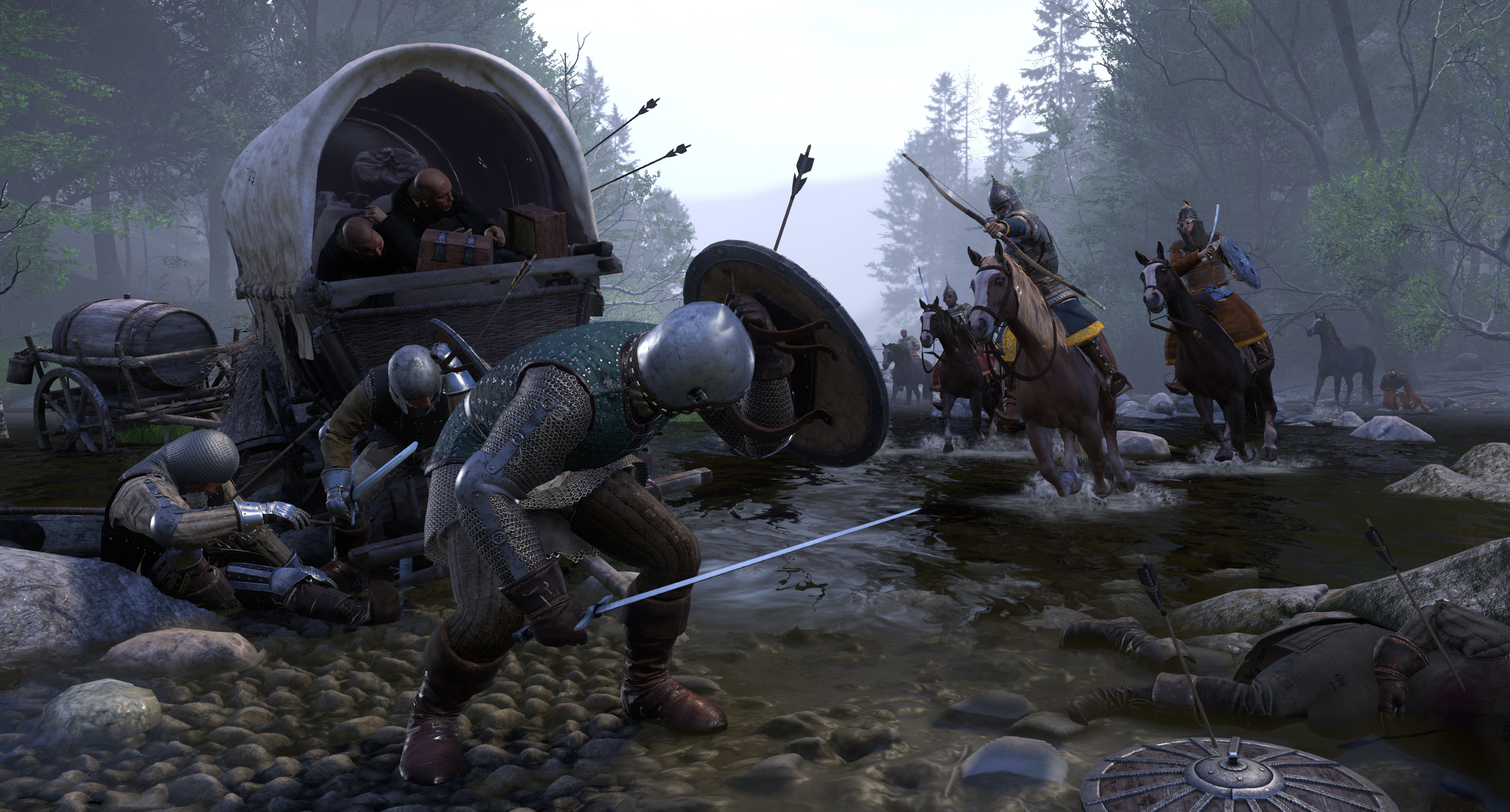Des hommes en armure se battent dans une rivière près d'une charrette. Des chevaux passent.