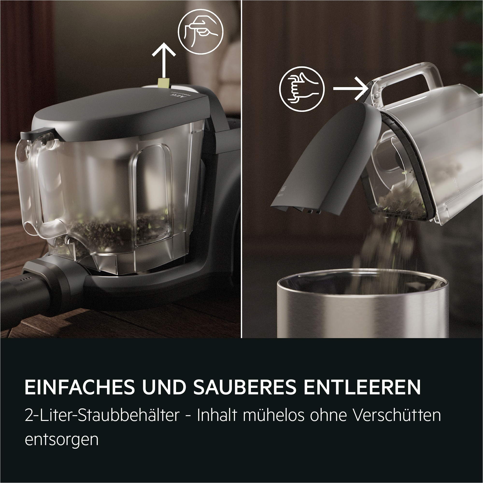 Staubsaugerbehälter wird entleert. Einfaches und sauberes Entleeren.