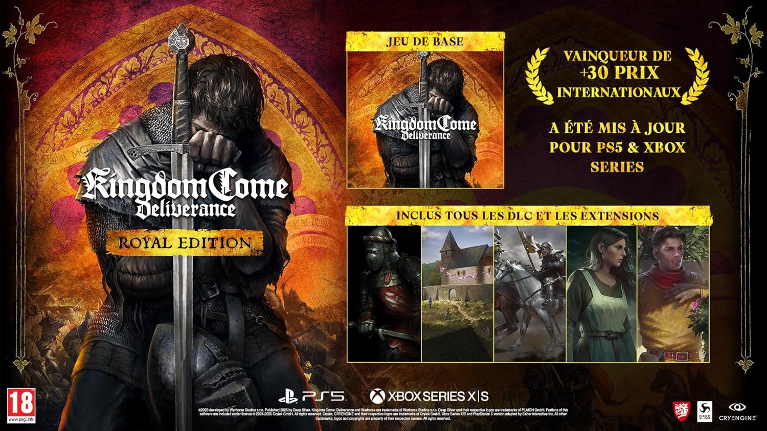 Couverture de Kingdom Come: Deliverance Royal Edition avec un chevalier et infos du jeu.