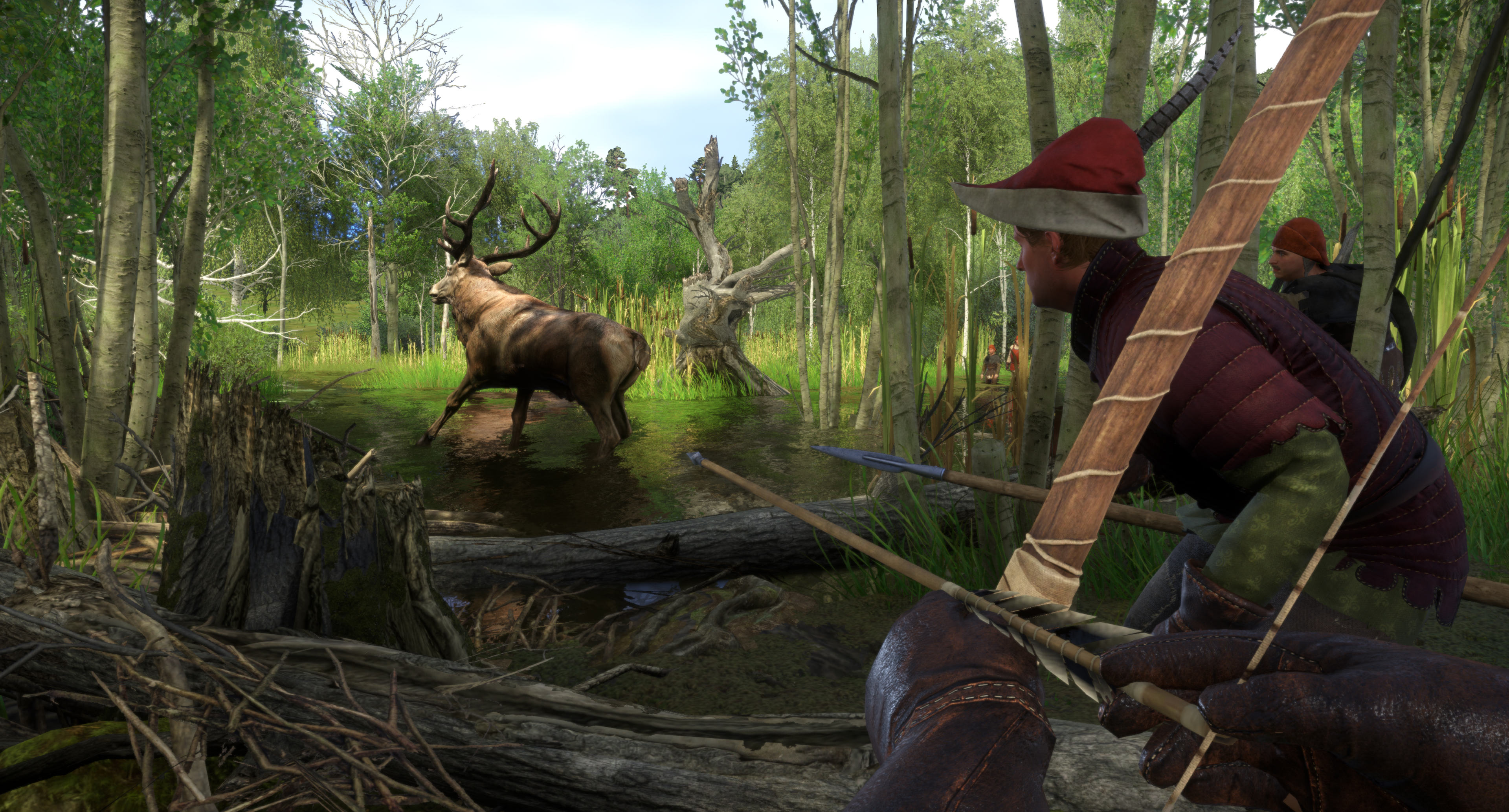 Un cerf dans un marais, un archer vise au premier plan.
