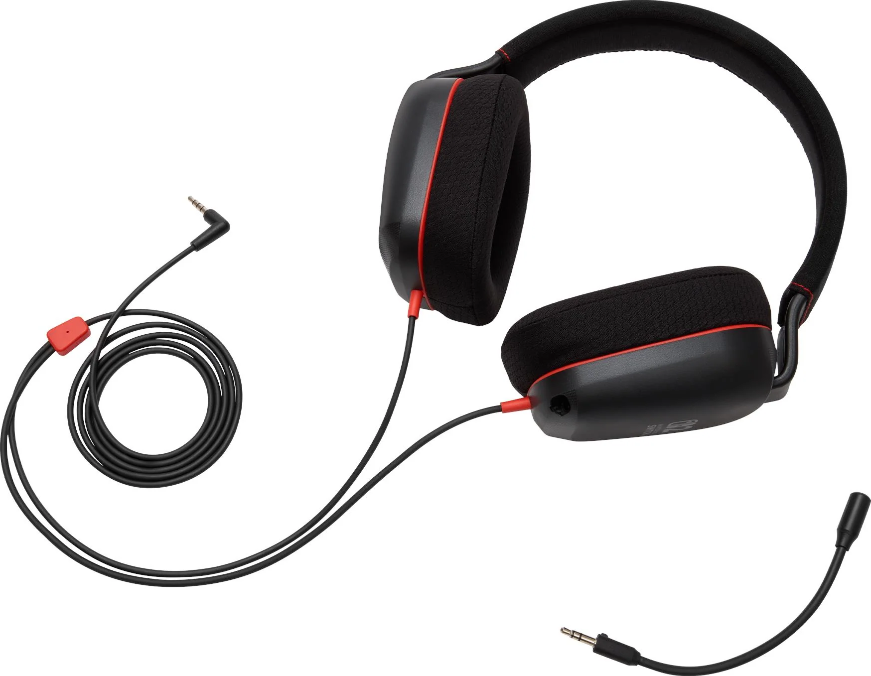 Schwarze Kopfhörer mit roter Zierleiste und Kabel mit 3,5-mm-Stecker.