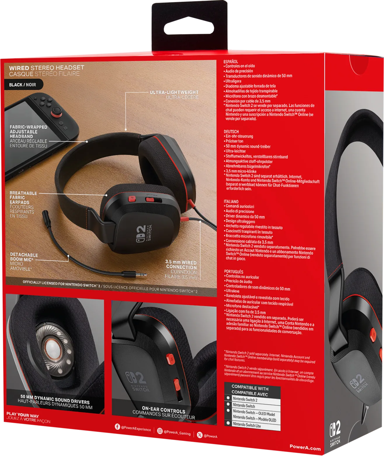 Schwarzer Nintendo Switch Headset mit roten Akzenten, abnehmbarem Mikrofon.