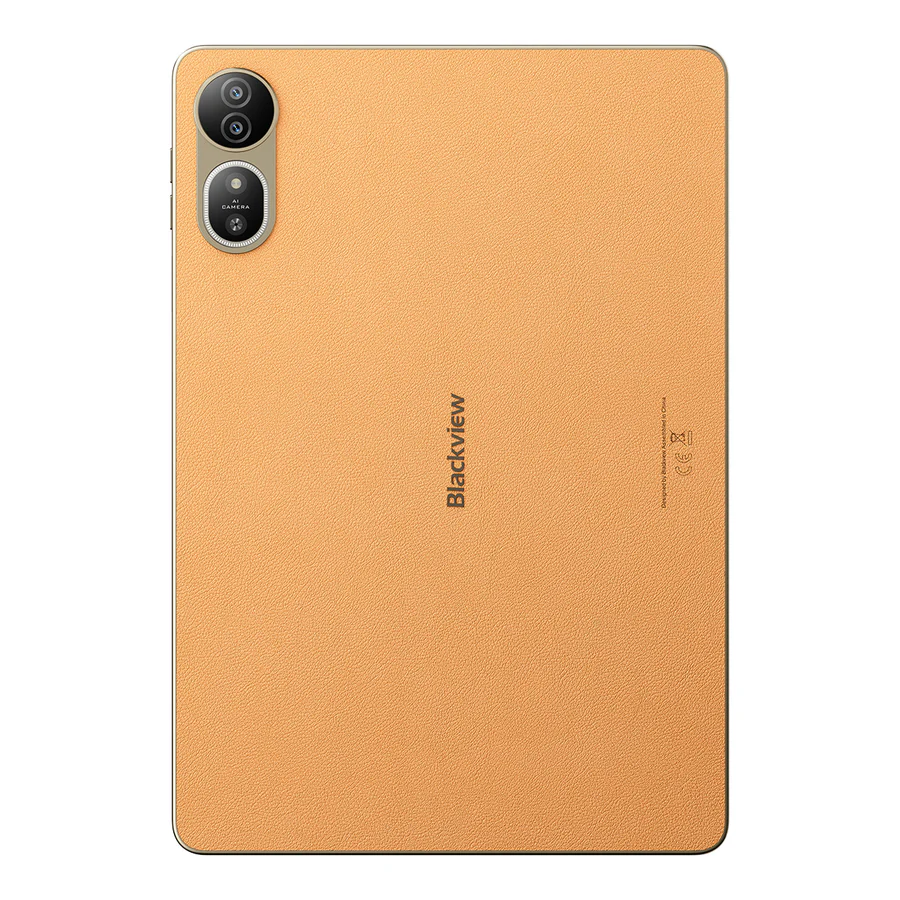 Narancssárga tablet hátoldala kameraegységgel és logóval.