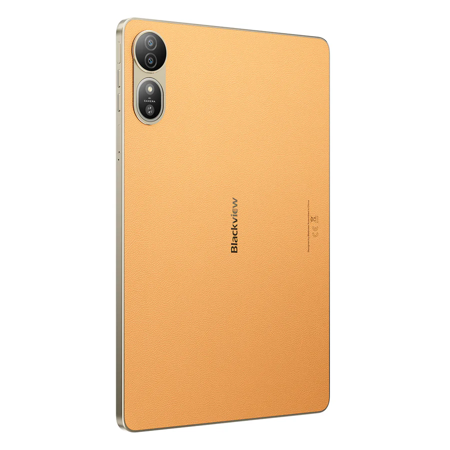 Narancssárga tablet hátoldala dupla kamerával és Blackview logóval.
