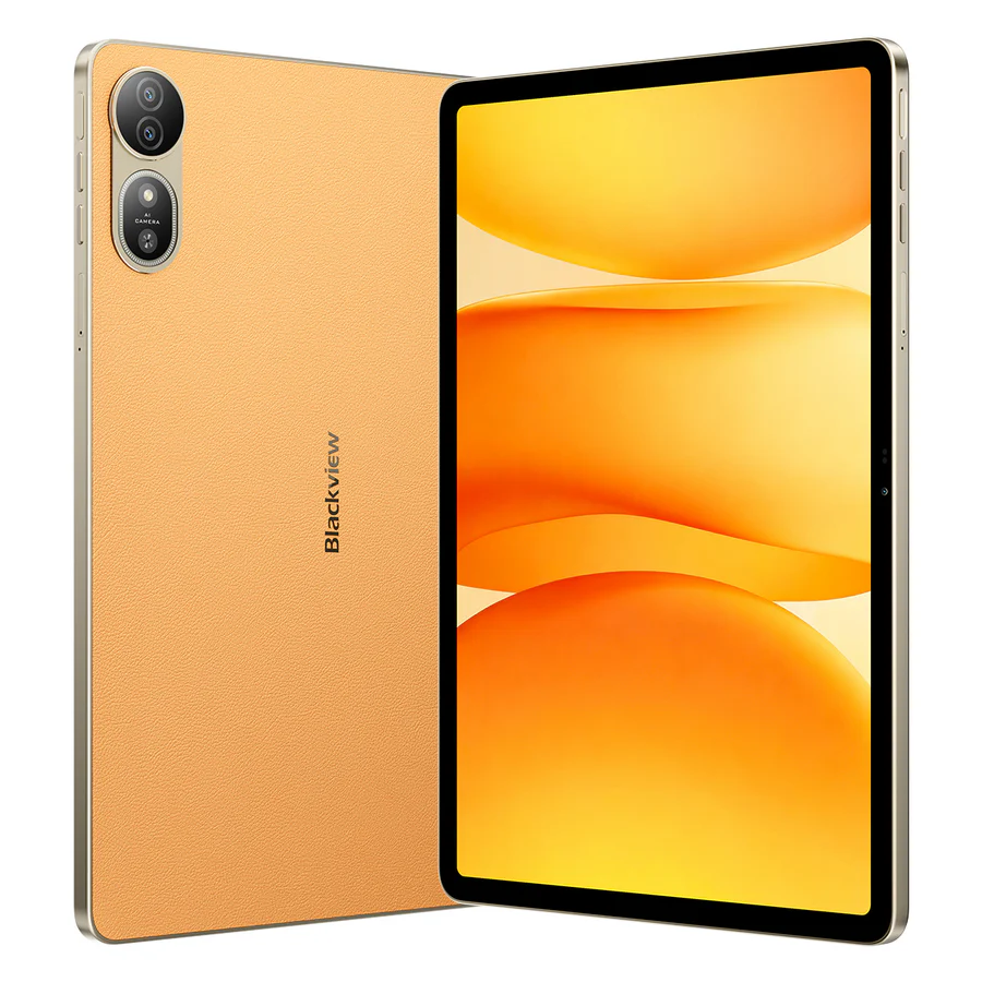 Egy narancssárga tablet dupla hátlapi kamerával és modern, absztrakt háttérrel.