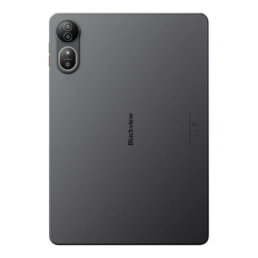 Sötétszürke tablet dupla kamerával és 'Blackview' logóval a hátoldalon.