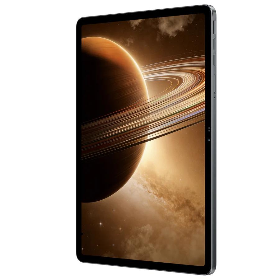 Egy tablet, amely egy gyűrűs bolygót jelenít meg a világűrben.
