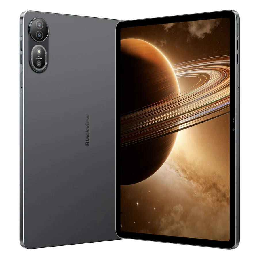 Egy szürke tablet két hátlapi kamerával, gyűrűs bolygót mutatva a képernyőn.