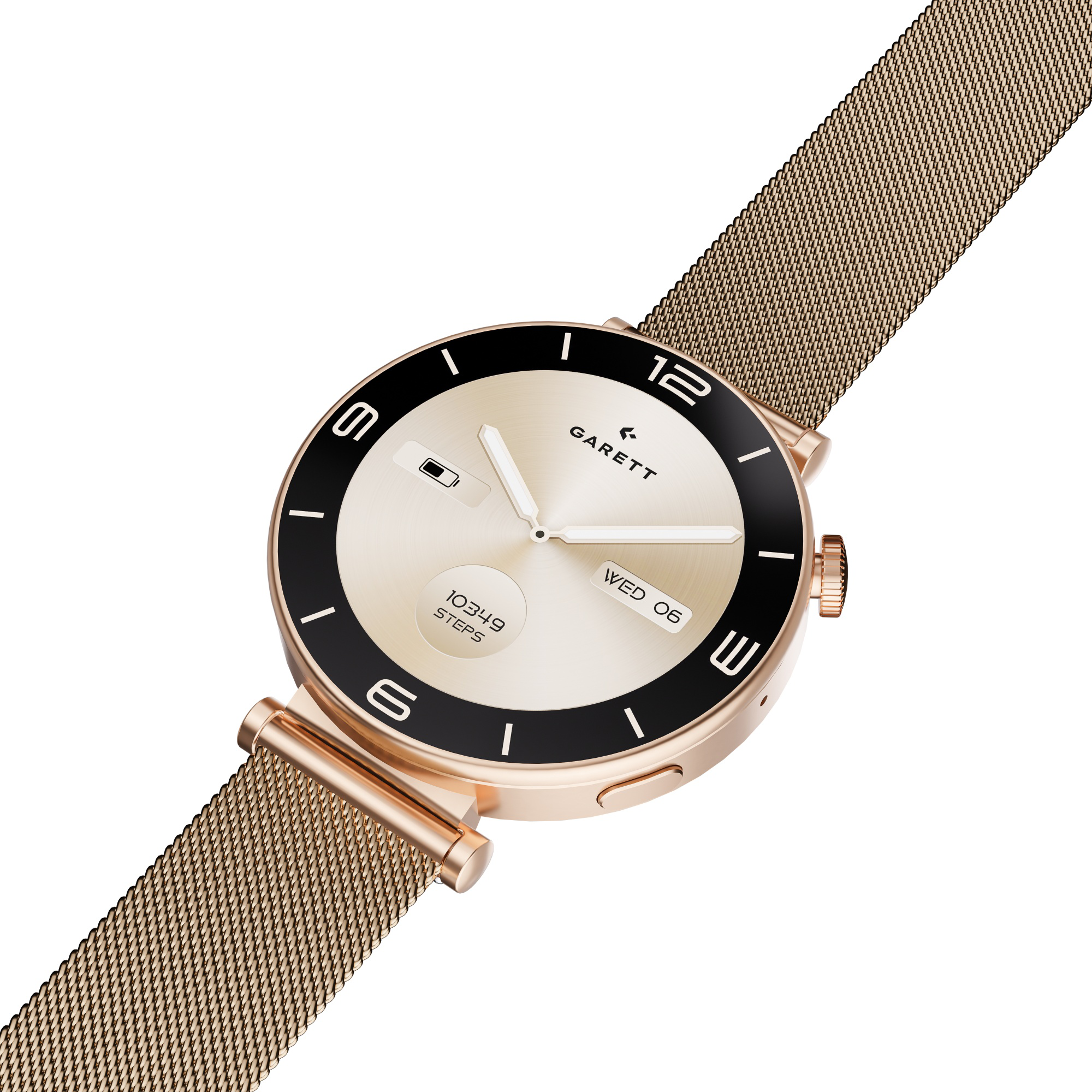 Egy rosegold okos ora h&aacute;l&oacute;sz&iacute;jjal, 10349 l&eacute;p&eacute;st mutat.