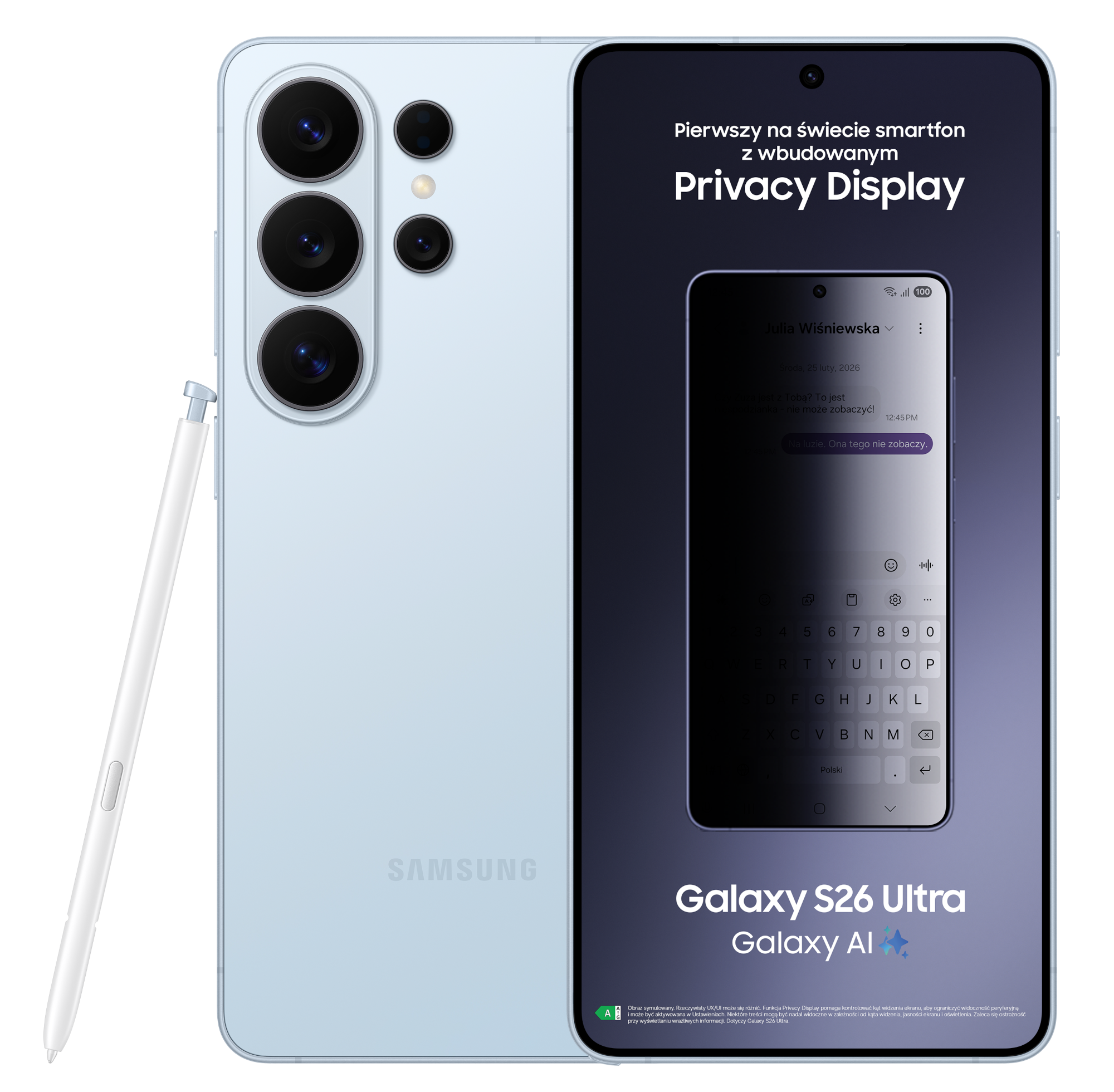 Jasnoniebieski Samsung Galaxy S26 Ultra z rysikiem S Pen wyświetlający wiadomość na ekranie.