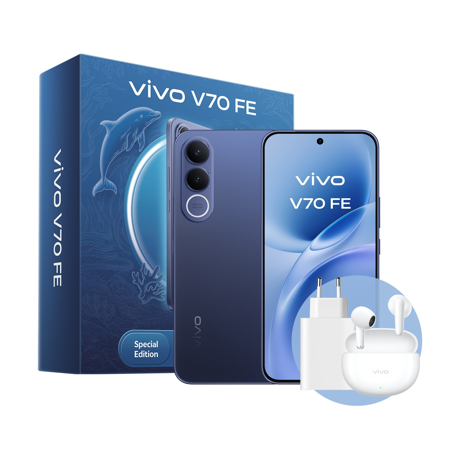 Una scatola blu Vivo V70 FE, smartphone, caricabatterie e auricolari.