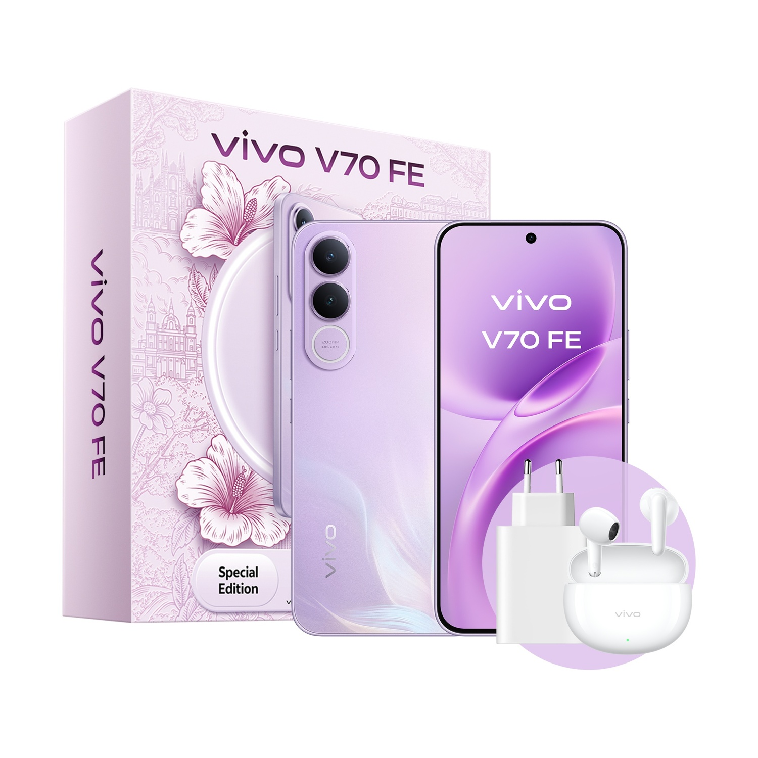 Un kit smartphone Vivo V70 FE viola con scatola, caricabatterie e auricolari.
