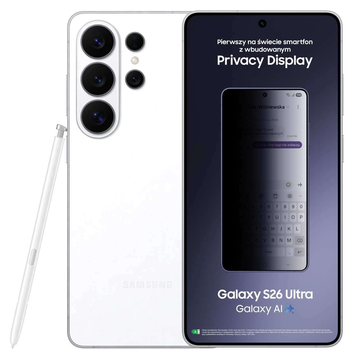 Biały Samsung Galaxy S26 Ultra ze stylusem, Privacy Display pokazuje czat.