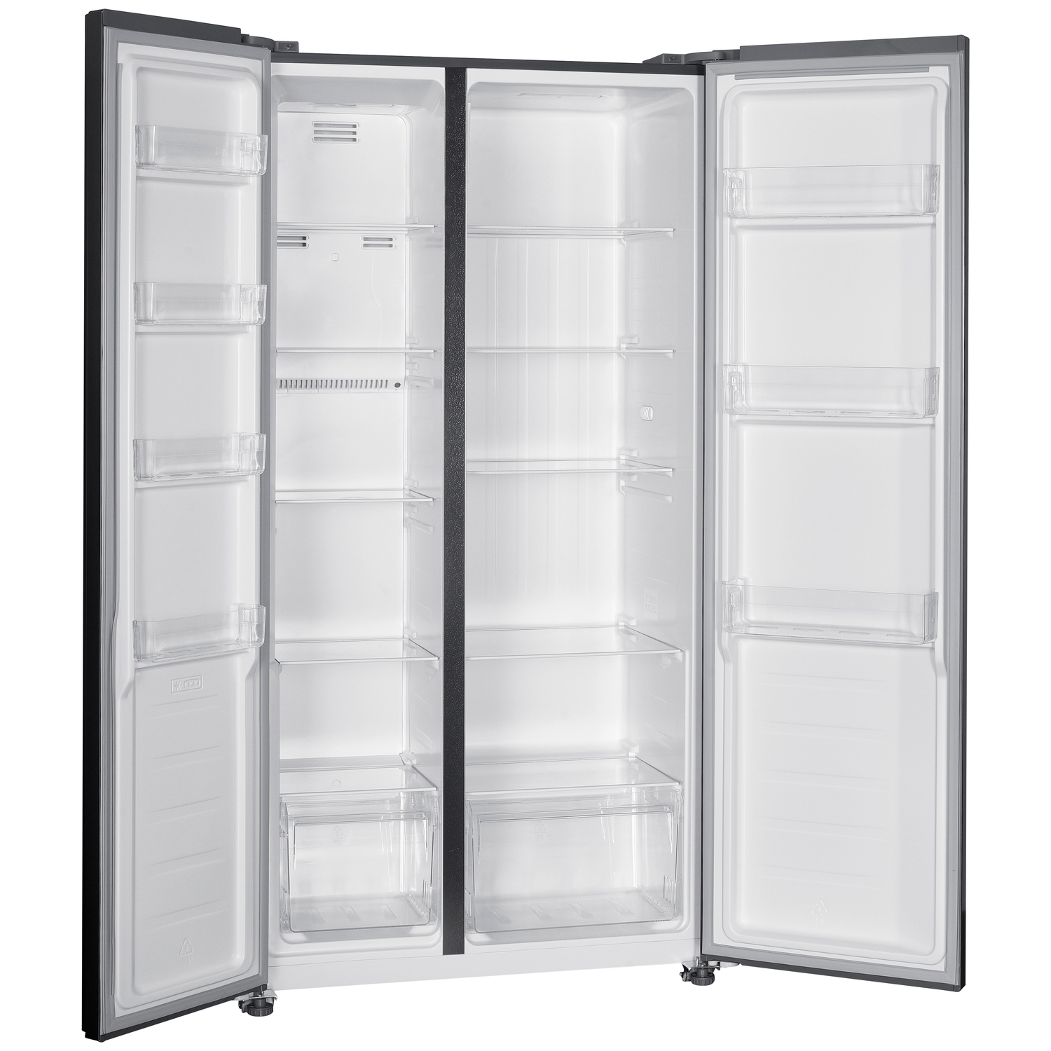 An empty, open refrigerator with two doors, white shelves, and clear drawers.