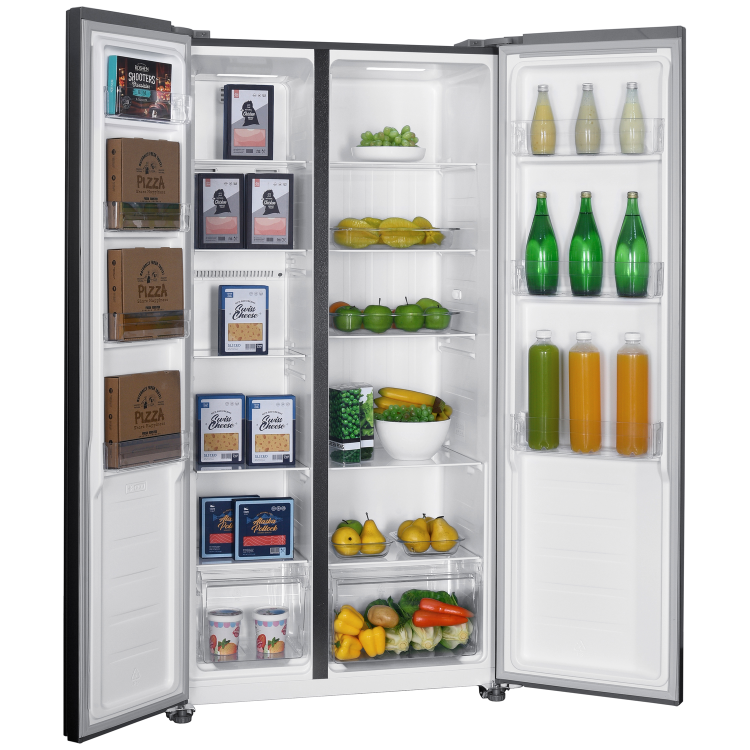 Open refrigerator with food items: pizza boxes, cheese, chicken, drinks, fruits, vegetables.