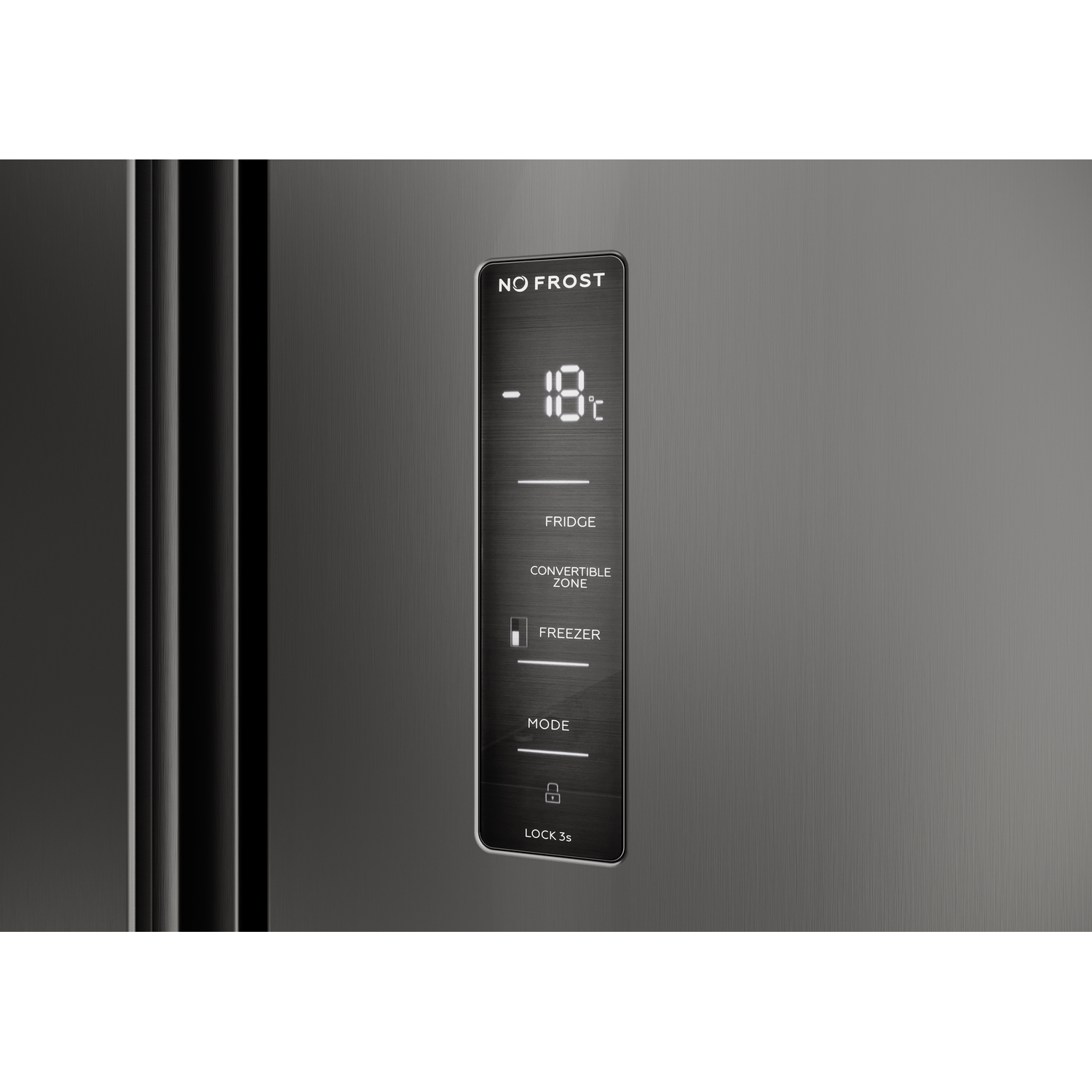 Refrigerator display shows -18°C. Options: NO FROST, FRIDGE, CONVERTIBLE ZONE, FREEZER, MODE, LOCK.